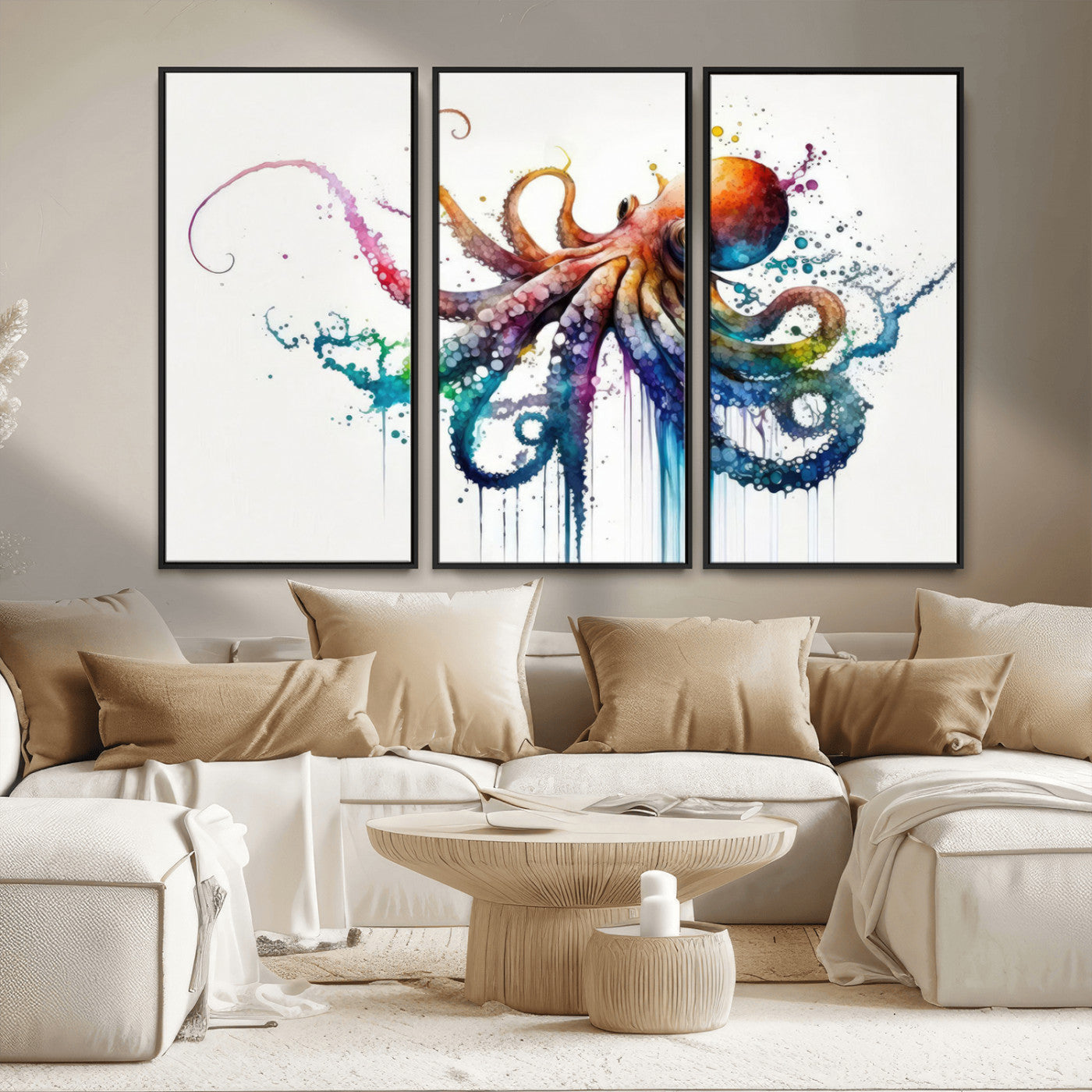 MGV-FC-48X32-3P - Watercolor Vibrant Octopus Wall Art Canvas Print | Abstract Sea Life Art | Colorful Marine Creature