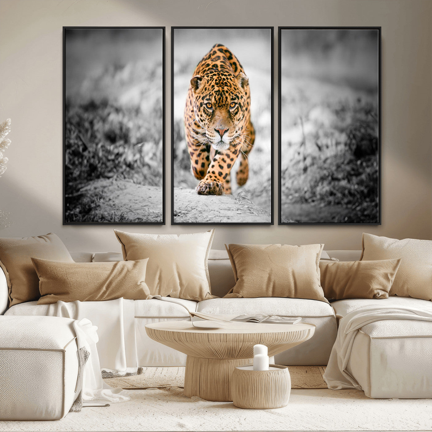 MGV-FC-48X32-3P - Jaguar Wall Art Canvas Print - Majestic Big Cat in Focused Pursuit - Ready to Hang