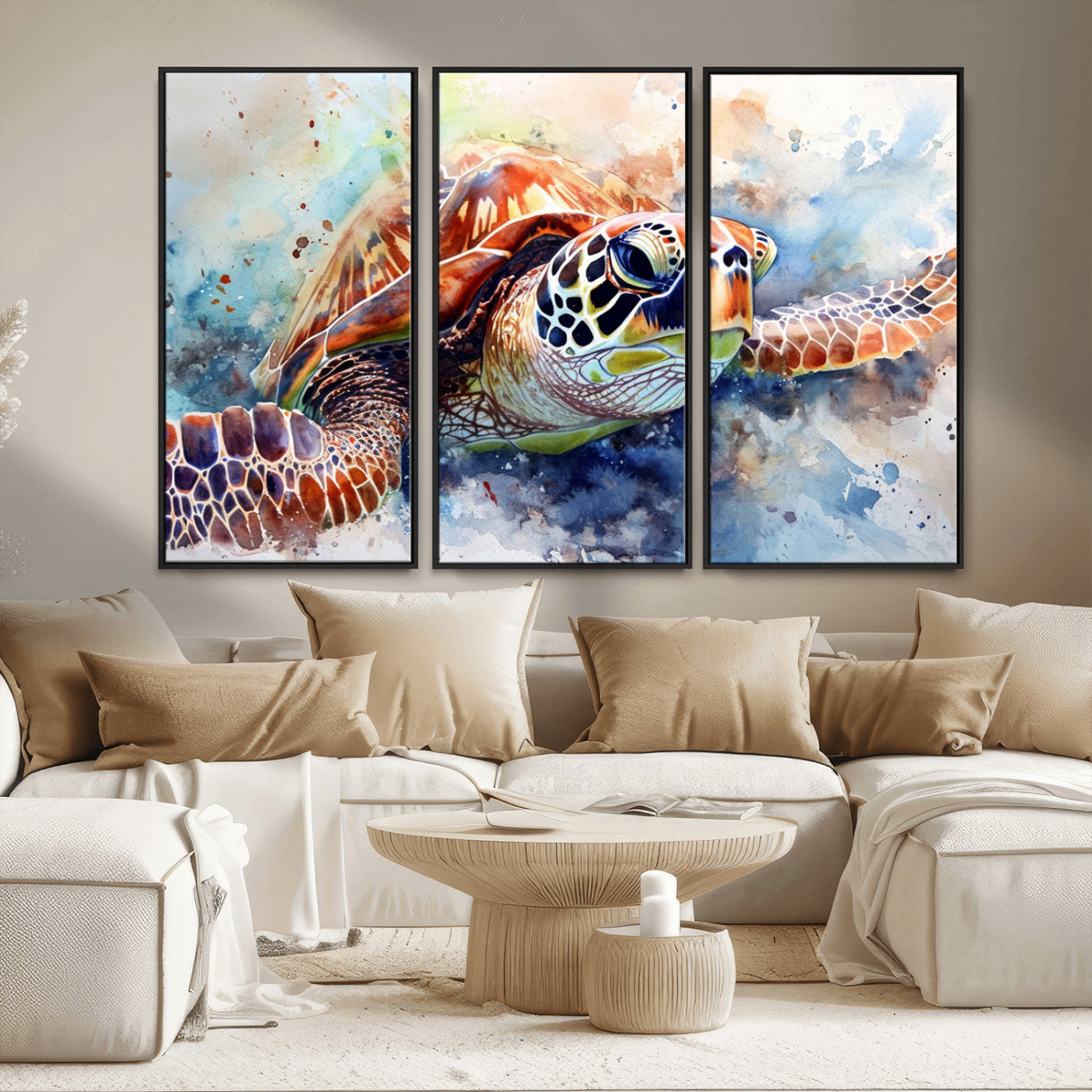 MGV-FC-48X32-3P - Watercolor Sea Turtle Wall Art Canvas Print - Vibrant Ocean Colors in Watercolor Style - Ready to