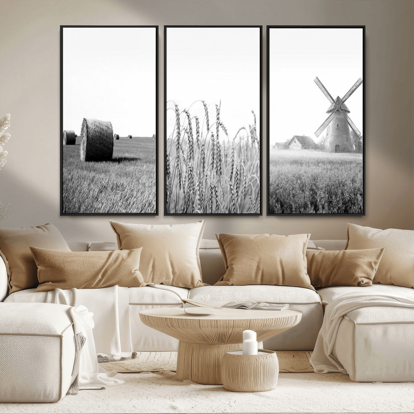 MGV-FC-48X32-3P - Vintage Farmhouse Black and White Triptych Wall Art – Giclee Canvas Featuring Wheat Fields, Hay
