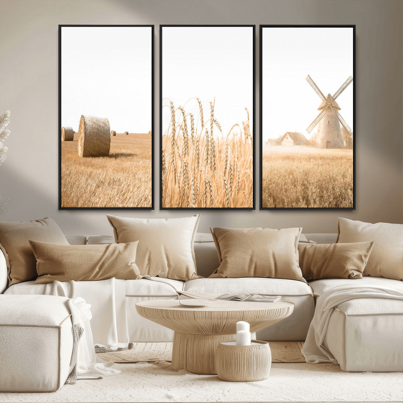 MGV-FC-48X32-3P - Vintage Farmhouse Triptych Wall Art – Giclée Canvas Featuring Wheat Fields, Hay Bales, and a