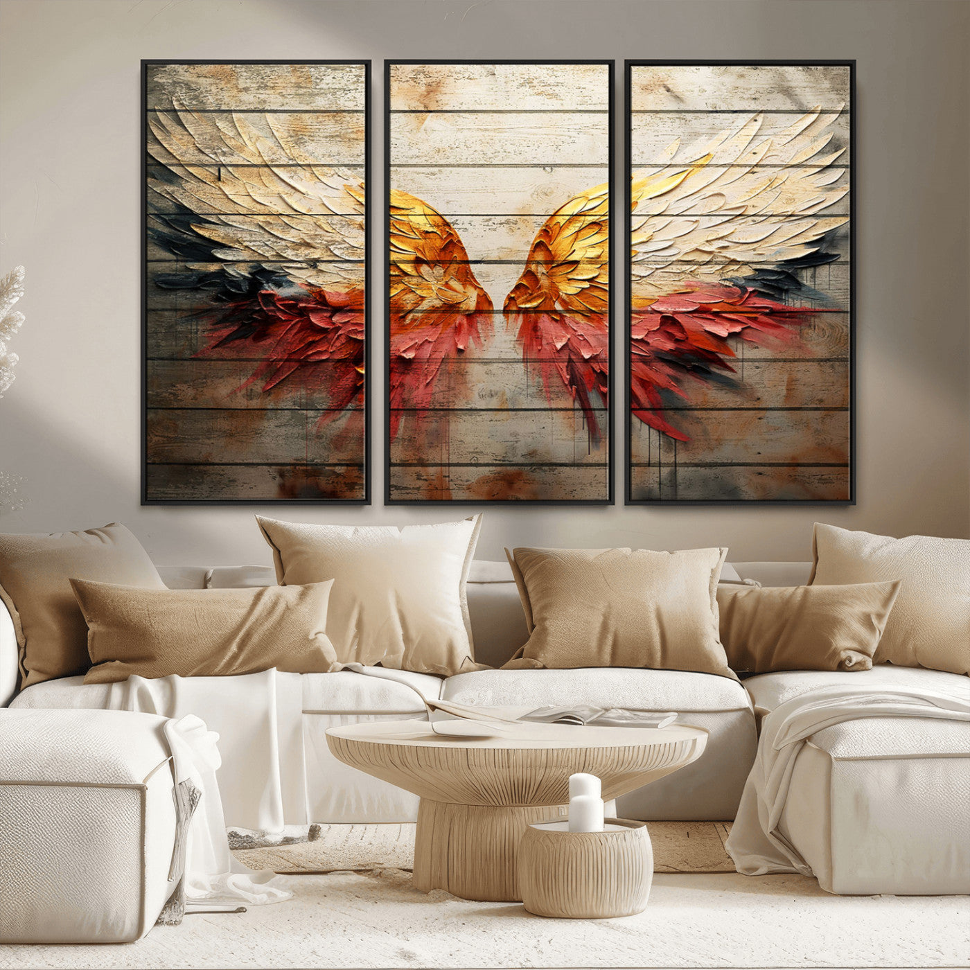 MGV-FC-48X32-3P - Abstract Angel Wings Canvas Wall Art – Framed and Ready to Hang Modern Angelic Wings Decor for