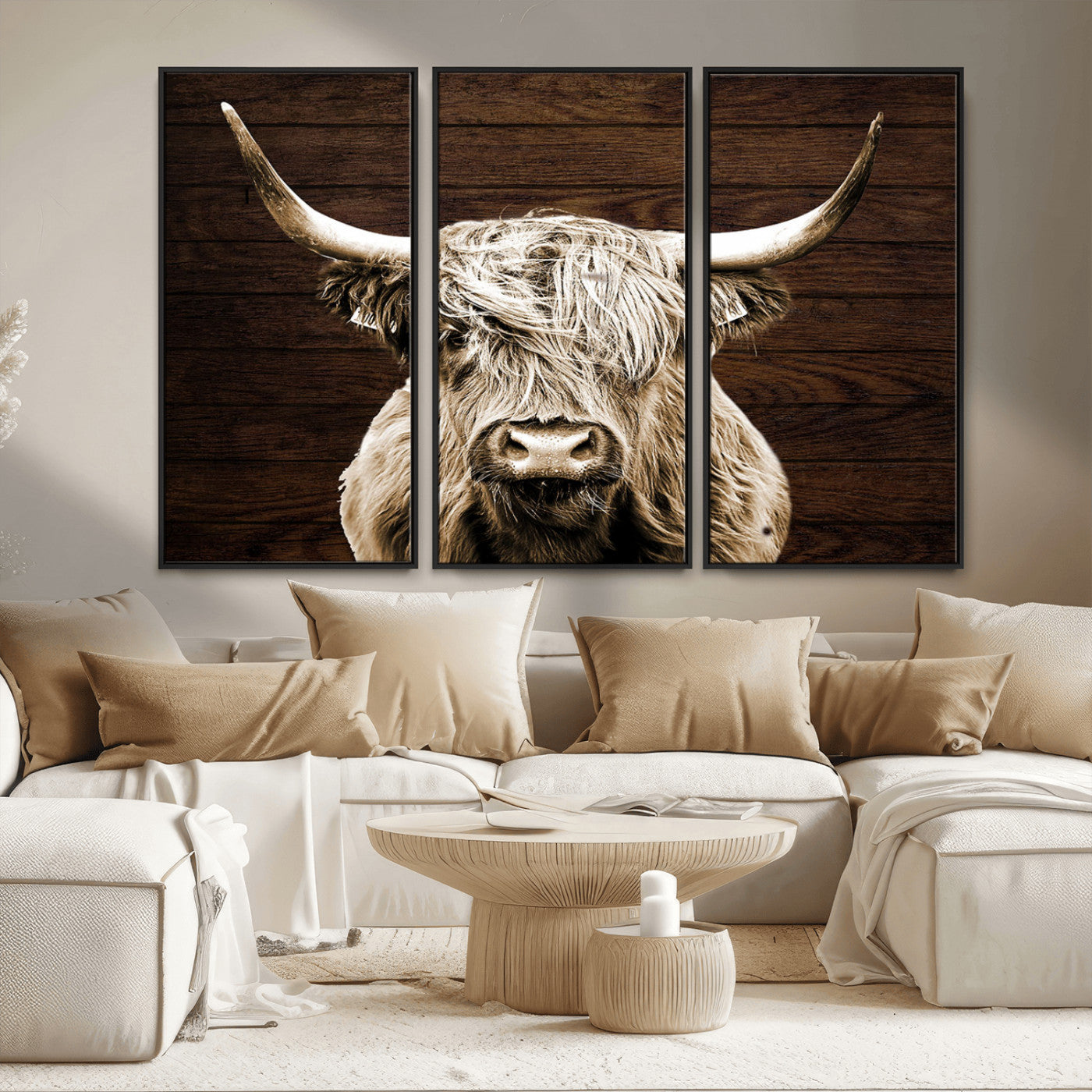 MGV-FC-48X32-3P - Highland Cow Wall Art Canvas Print, Rustic Farmhouse Decor, Majestic Scottish Highland Bull Portrait