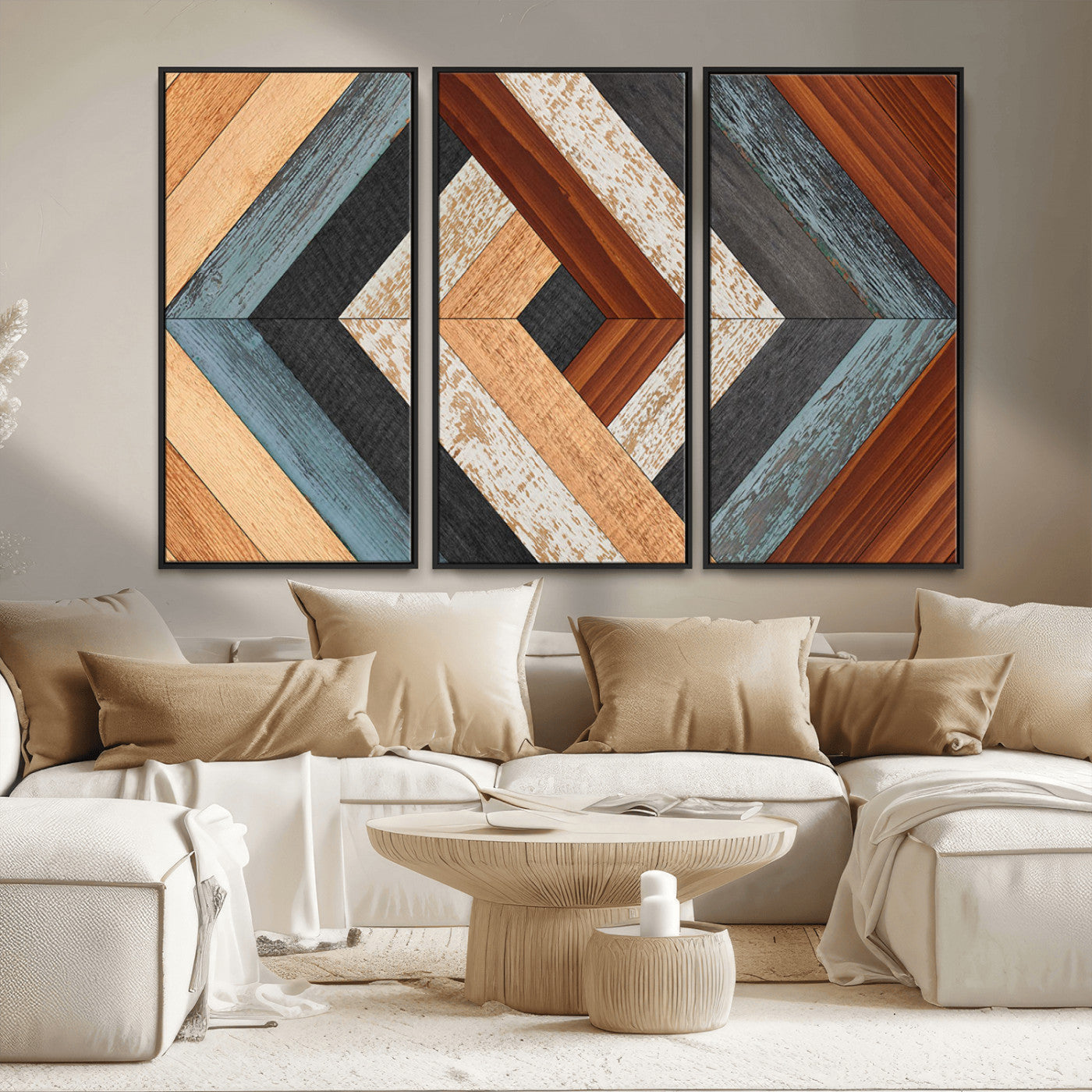 MGV-FC-48X32-3P - Geometric Wood Art Wall Decor Canvas Print, Rustic Wooden Pattern Triptych Wall Art for Living Room
