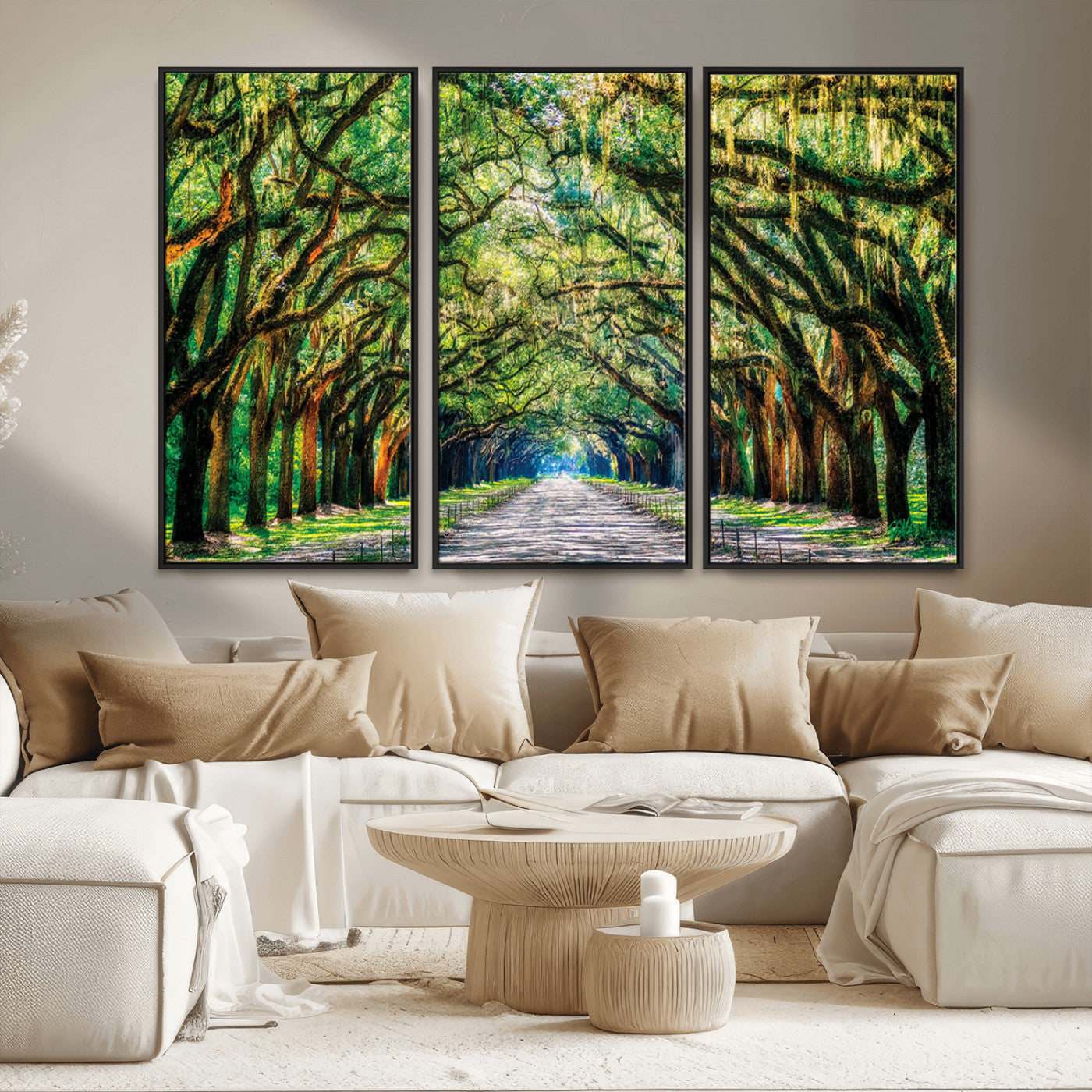 MGV-FC-48X32-3P - Serene Tree Tunnel Wall Art Canvas Print – Pathway Under Canopy of Lush Green Trees, Nature-Inspired
