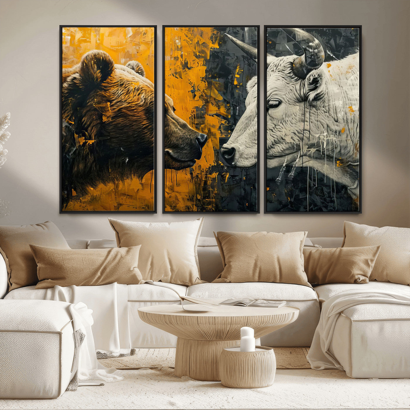 MGV-FC-48X32-3P - Bear and Bull Wall Art Canvas Print – Abstract Animal Portrait Painting for Modern Home Decor –