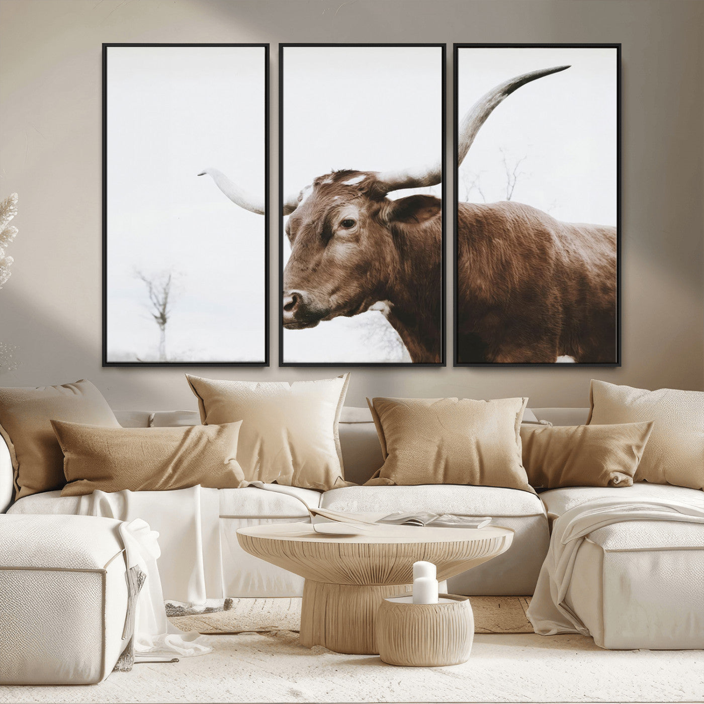 MGV-FC-48X32-3P - Rustic Bull Wall Art Canvas Print – Modern Longhorn Farmhouse Animal Decor – Abstract Farm Cow