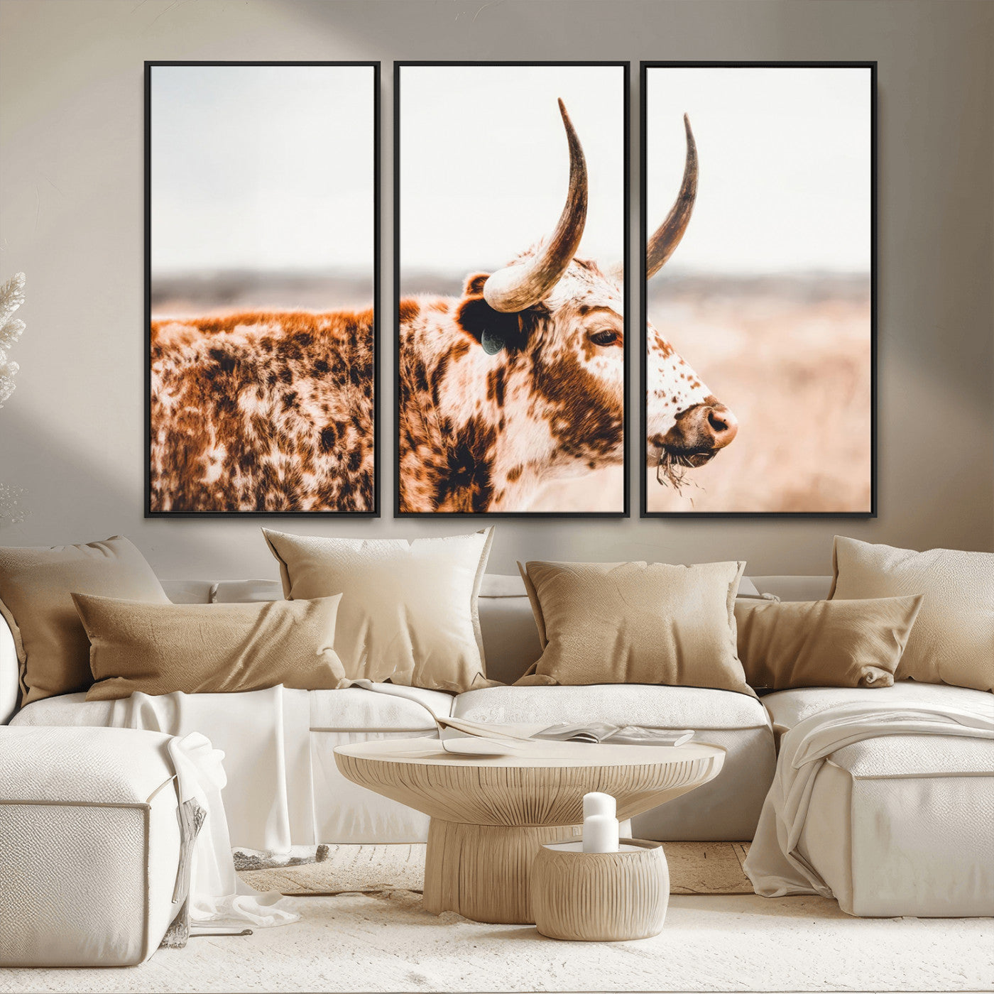 -Speckled Bull Wall Art Canvas Print – Rustic Cow Longhorn Farmhouse Animal Decor – Western Longhorn