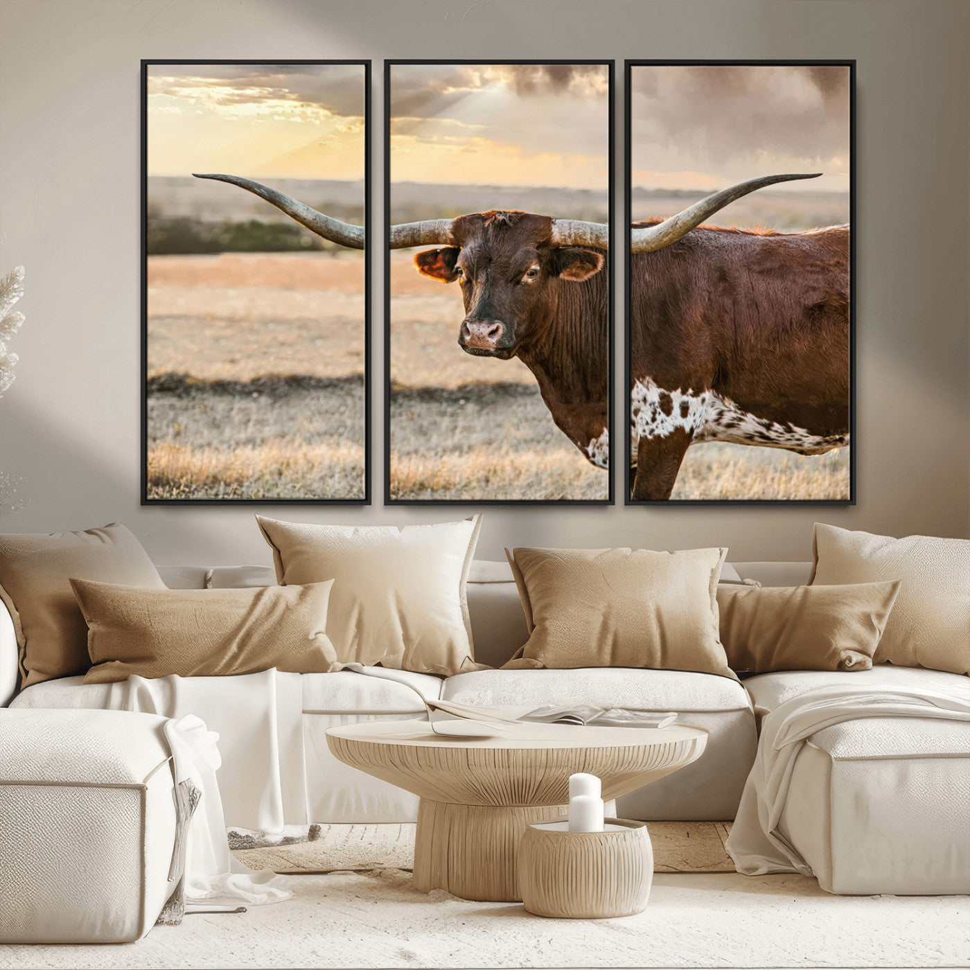 MGV-FC-48X32-3P - Texas Longhorn Wall Art Canvas Print, Rustic Ranch Decor, Majestic Western Longhorn Cattle