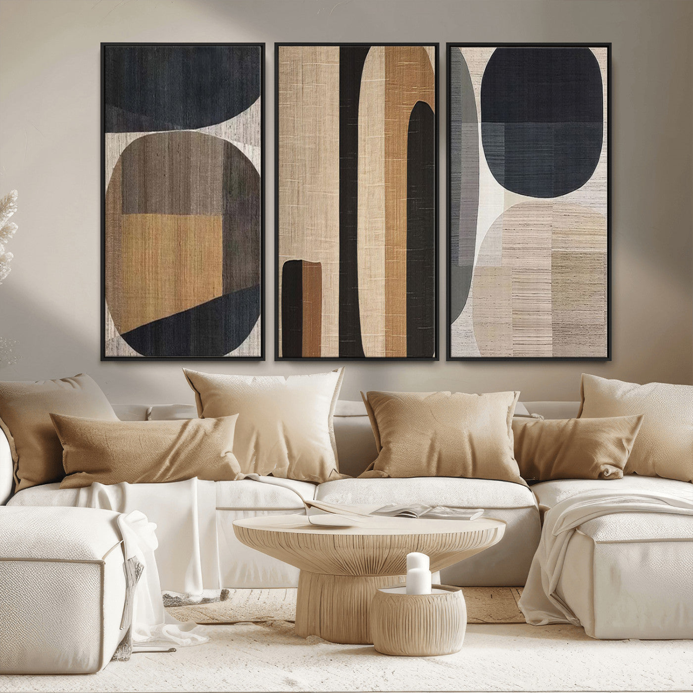 MGV-FC-48X32-3P - Abstract Minimalist Canvas Wall Art - Neutral Geometric Modern Boho Decor, Minimalist Brown Wabi