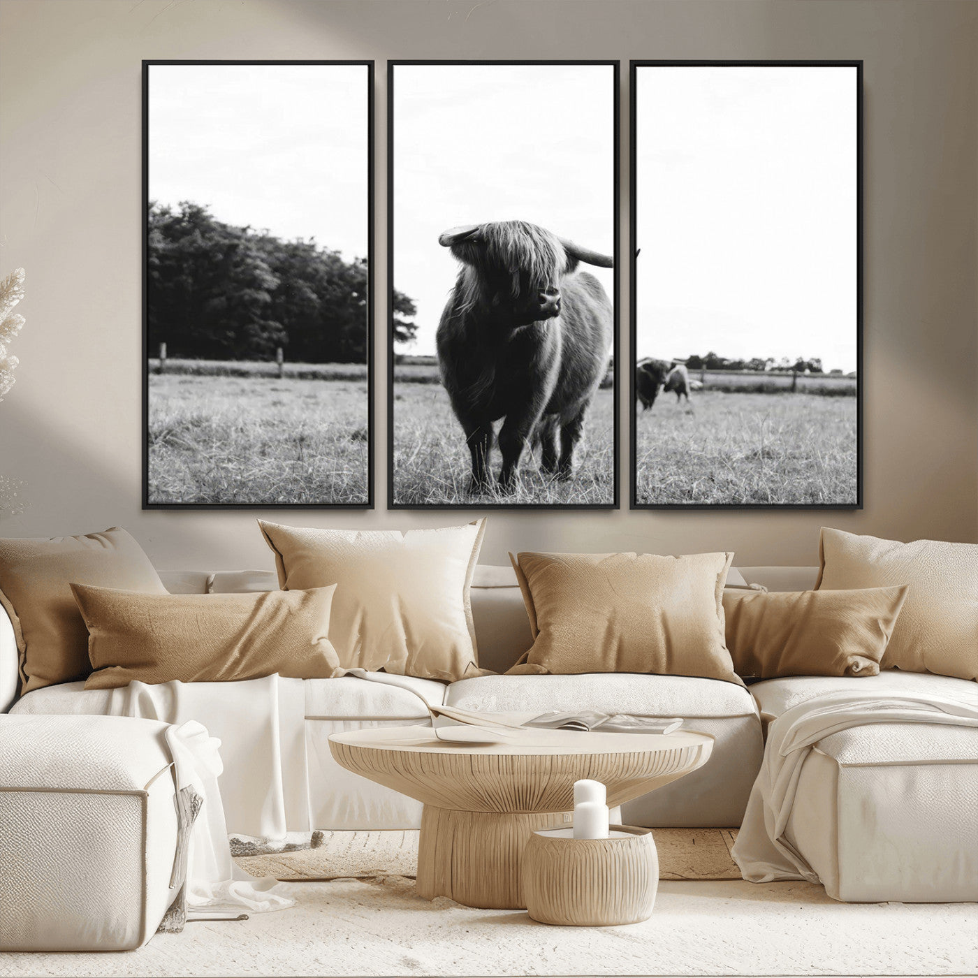 MGV-FC-48X32-3P - Black and White Highland Cow Wall Art Canvas Print | Rustic Western Decor for Living Room or Office,