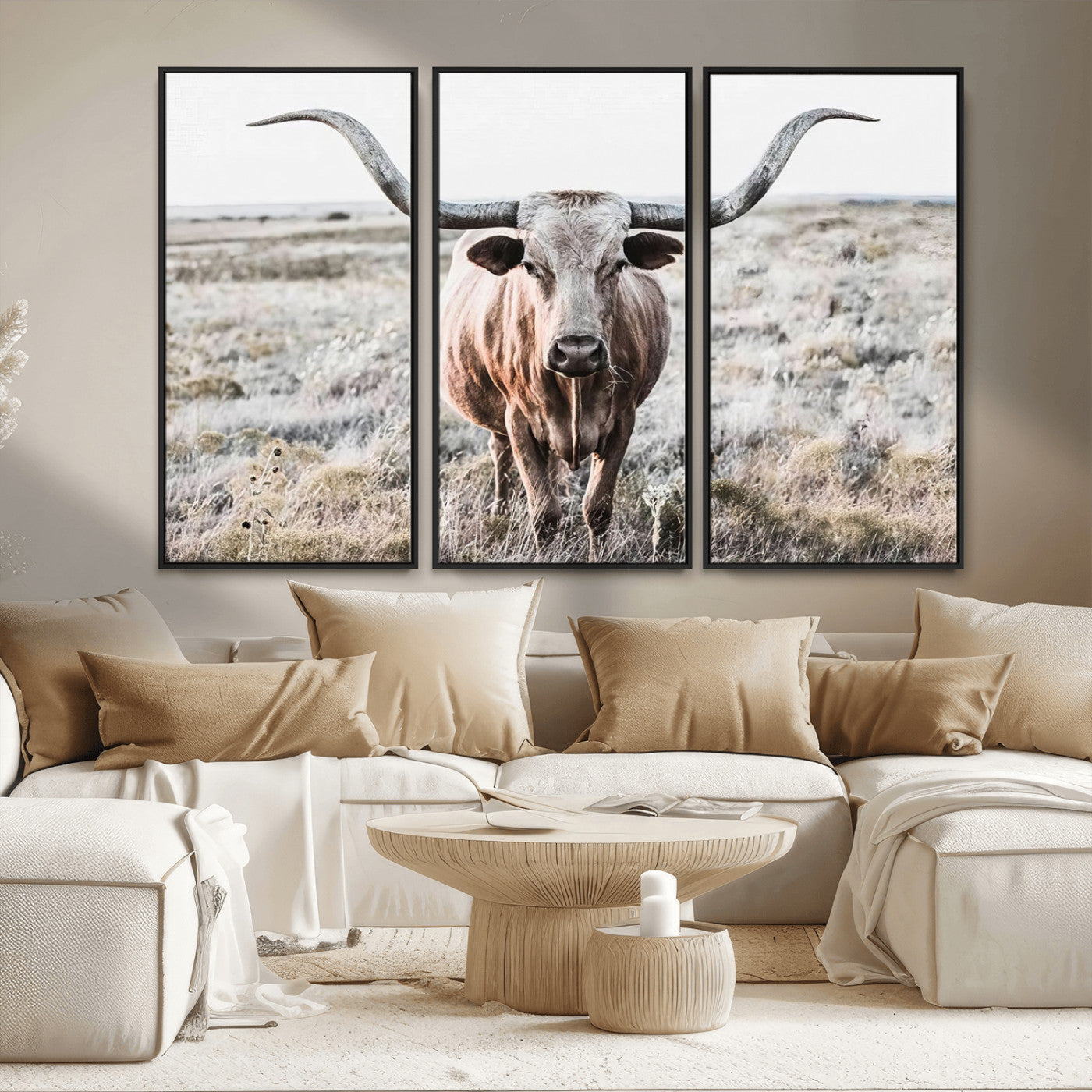 -Rustic Texas Longhorn Wall Art Canvas Print | Western Farmhouse Decor for Living Room or Office,