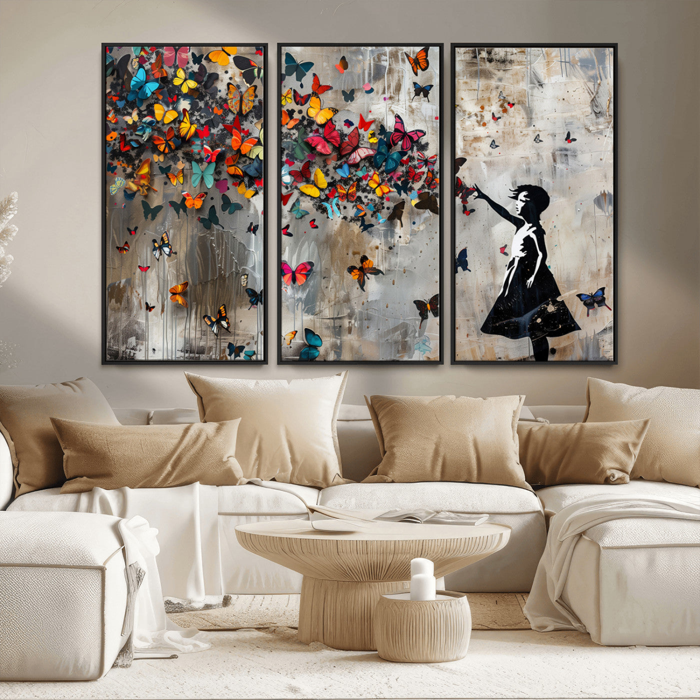 MGV-FC-48X32-3P - Banksy Wall Art - Banksy Girl and Butterfly Explosion Wall Art Canvas Print | Girl with Butterflies