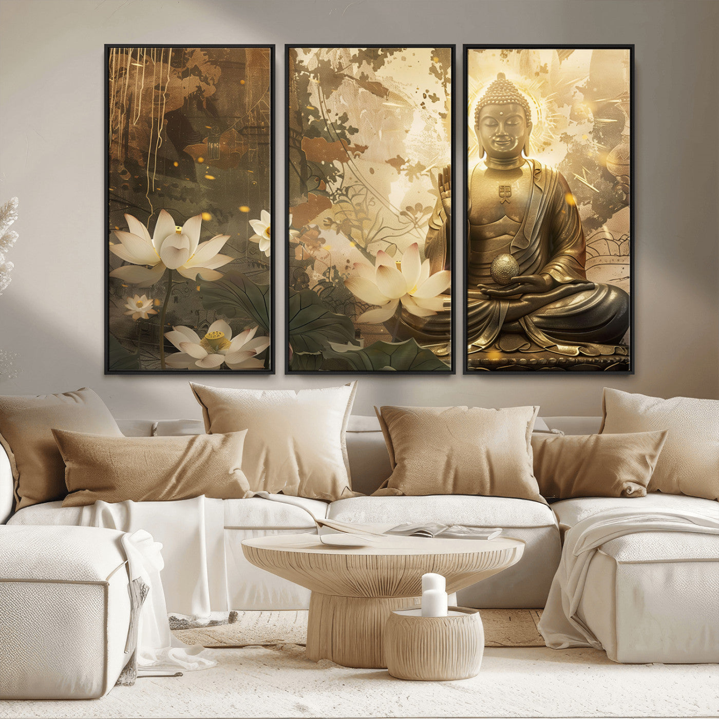 MGV-FC-48X32-3P - Zen Buddha Wall Art Canvas Print | Peaceful Meditation Decor with Lotus Flowers | Spiritual Serenity