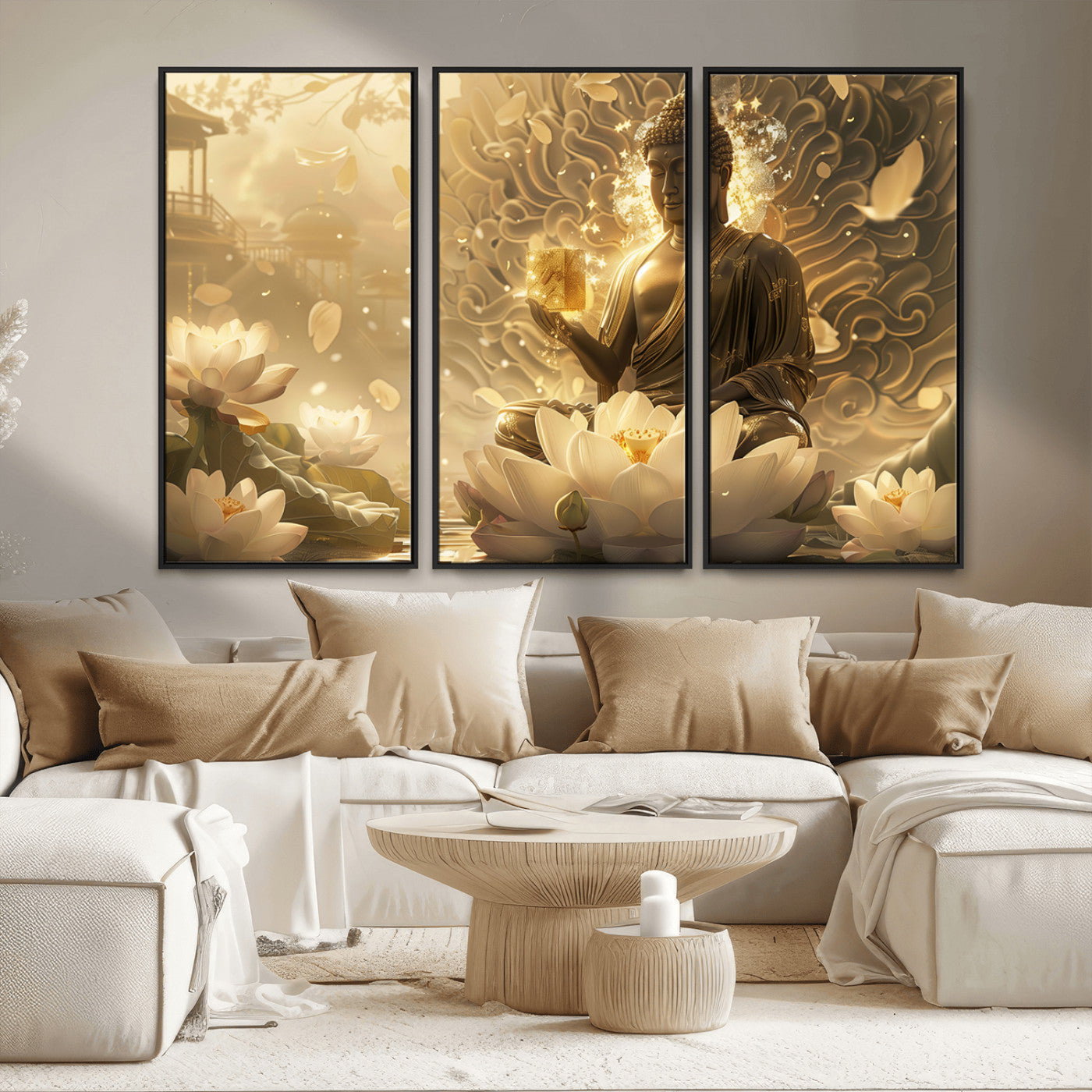 MGV-FC-48X32-3P - Golden Buddha Wall Art | Yoga Room Decor and Meditation Room Wall Art | Framed and Ready to Hang