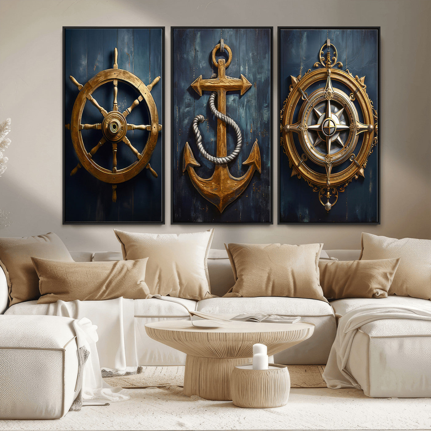 MGV-FC-48X32-3P - Boat Anchor Compass With Rope Wall Art Canvas Print | Beach House Wall Art