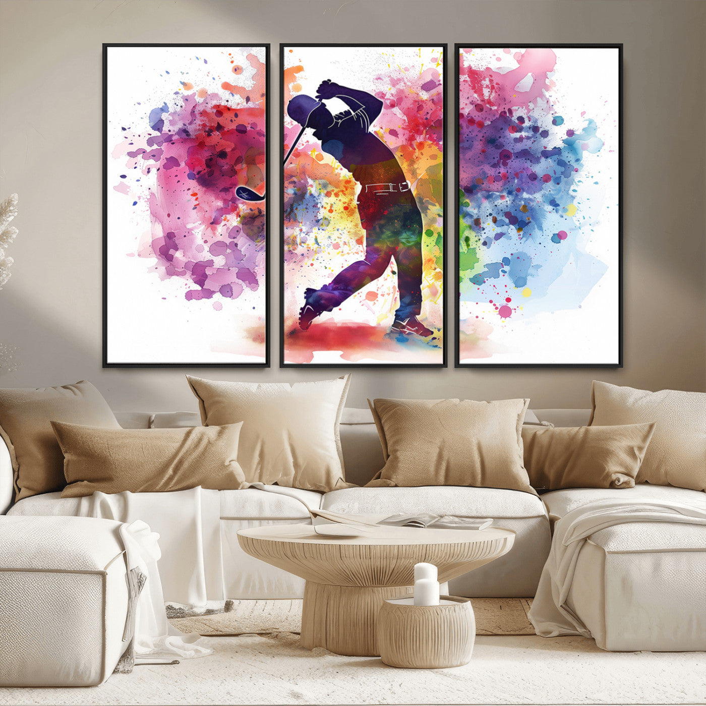 MGV-FC-48X32-3P - Colorful Golfer Swing Wall Art Canvas Print - Ready to Hang, Framed Sports Decor