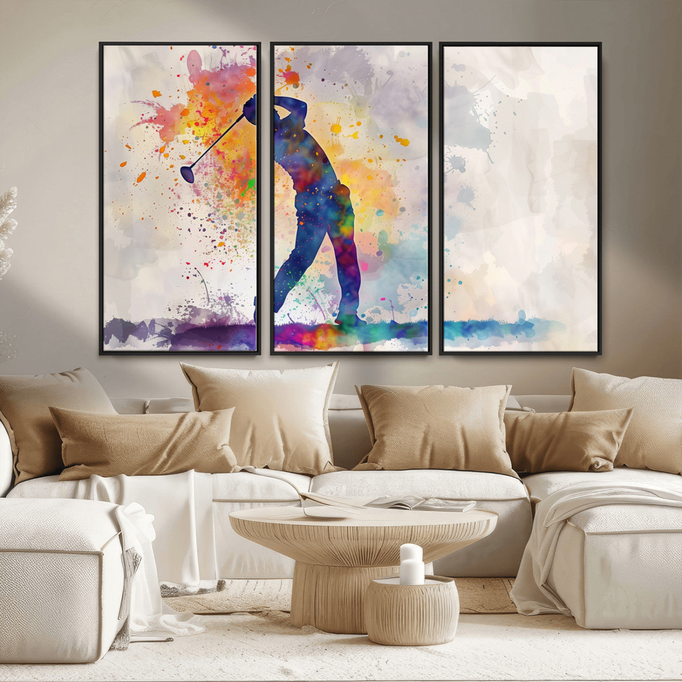 MGV-FC-48X32-3P - Watercolor Golf Swing Wall Art Canvas Print | Vibrant Abstract Golf Player Silhouette |