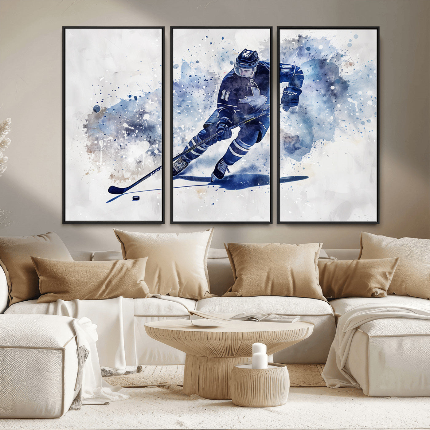 MGV-FC-48X32-3P - Hockey Player Wall Art Canvas Print - Sports-Inspired Watercolor Decor - Ready to Hang