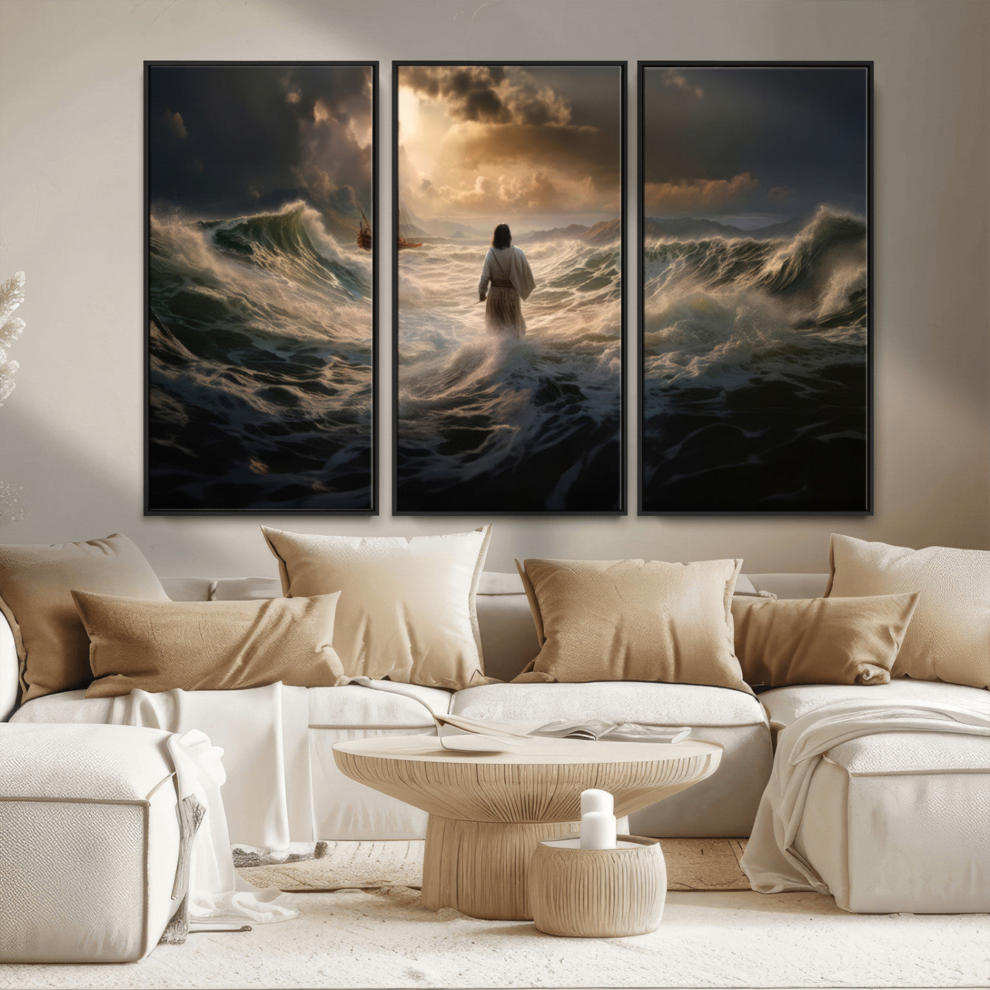 MGV-FC-48X32-3P - Jesus Walking on Water Wall Art Canvas Print - Religious Spiritual Decor - Jesus Wall Art Canvas