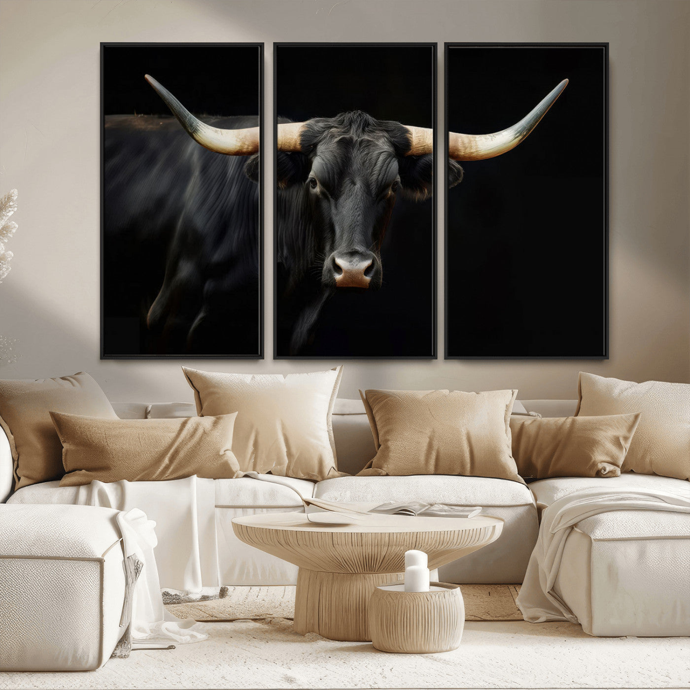 MGV-FC-48X32-3P - Texas Longhorn Cow | Majestic Black Bull Wall Art Canvas Print - Farmhouse Animal Decor - Ready to