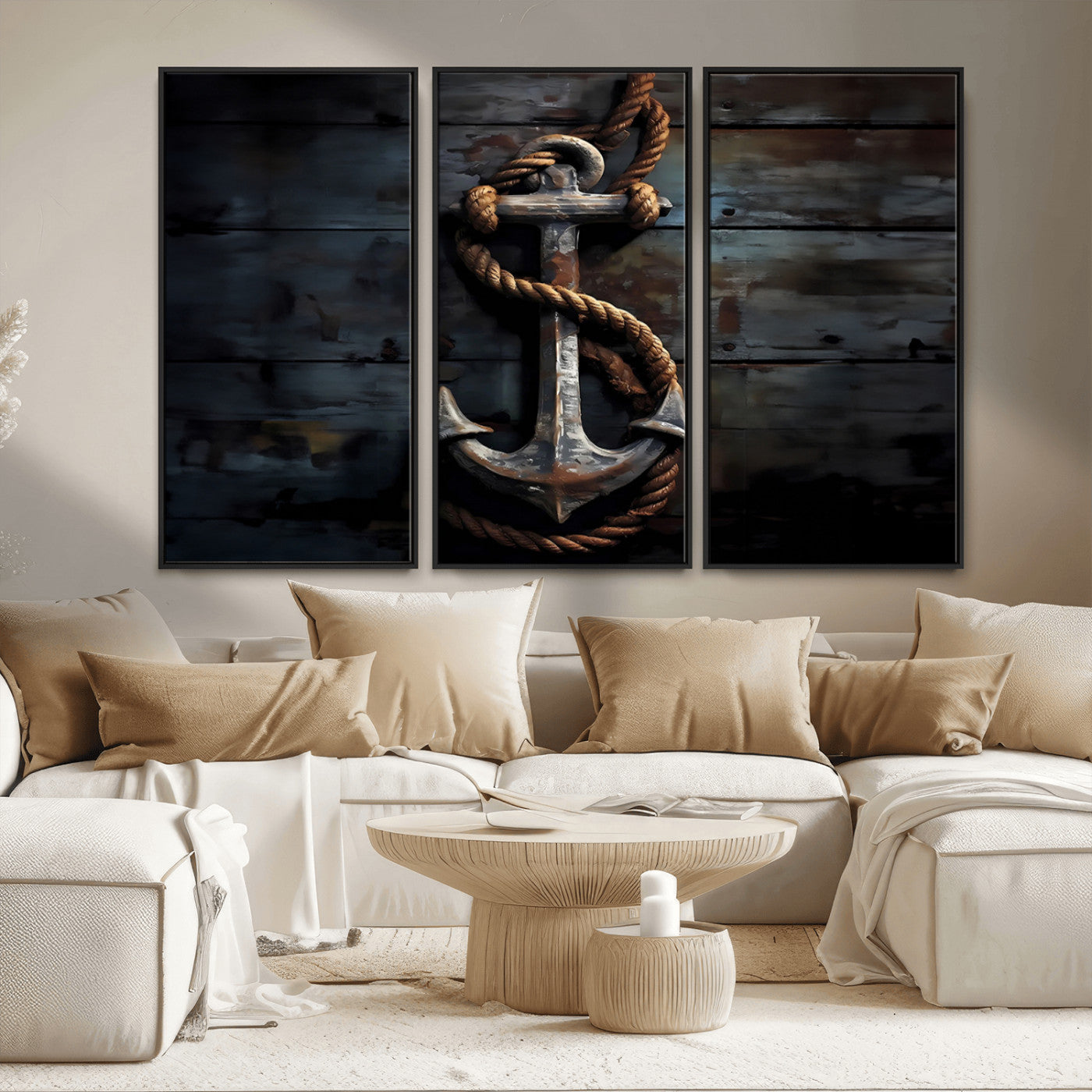 MGV-FC-48X32-3P - 3 Panel Grunge Abstract Anchor Wall Art Canvas Print Set