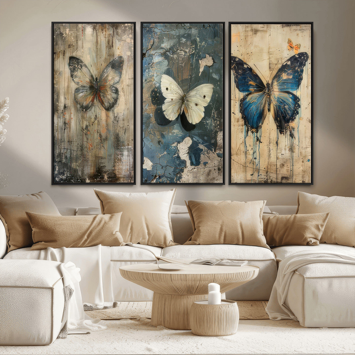 MGV-FC-48X32-3P - Butterfly Wall Art Trio | Vintage Butterfly Canvas Print | Ready to Hang Framed Artwork for