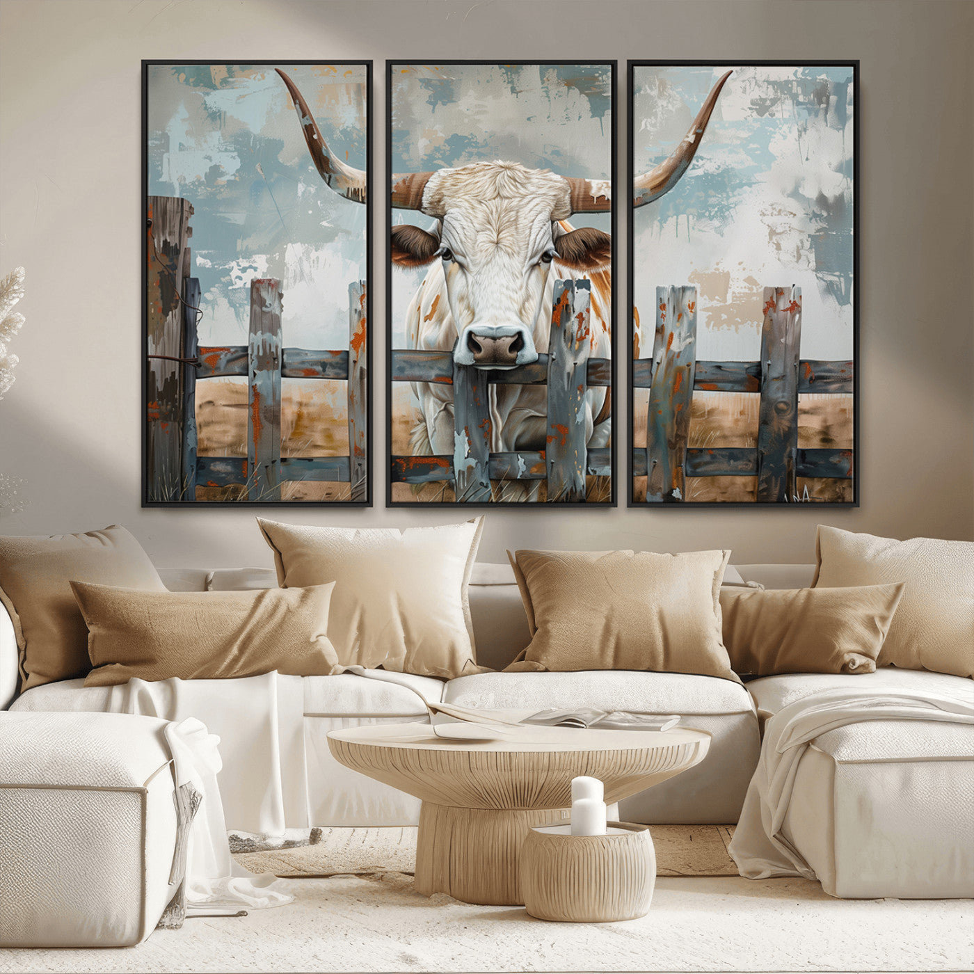 MGV-FC-48X32-3P - Vintage Cow Wall Art Canvas Print for Farmhouse Wall Decor Theme, Cattle Wall Art Print