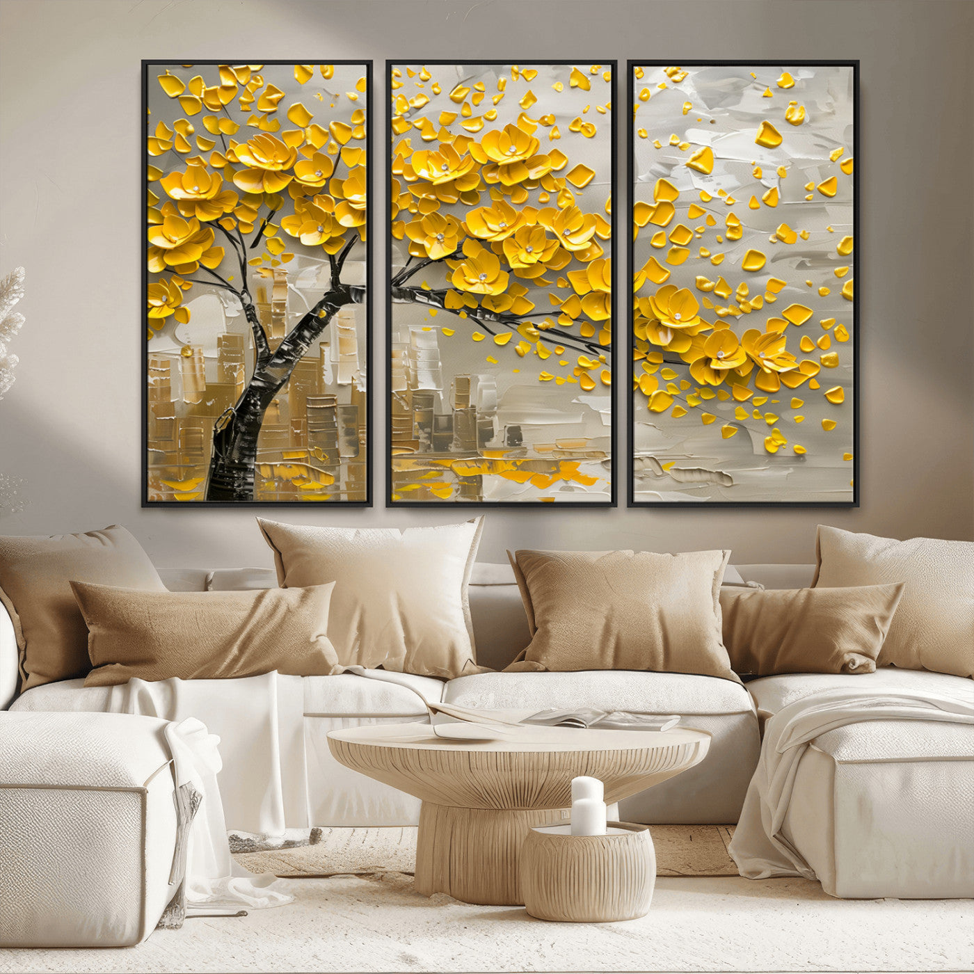 MGV-FC-48X32-3P - Yellow Blossom Tree Canvas Wall Art - Floral Abstract Modern Contemporary Artwork for Living Room or