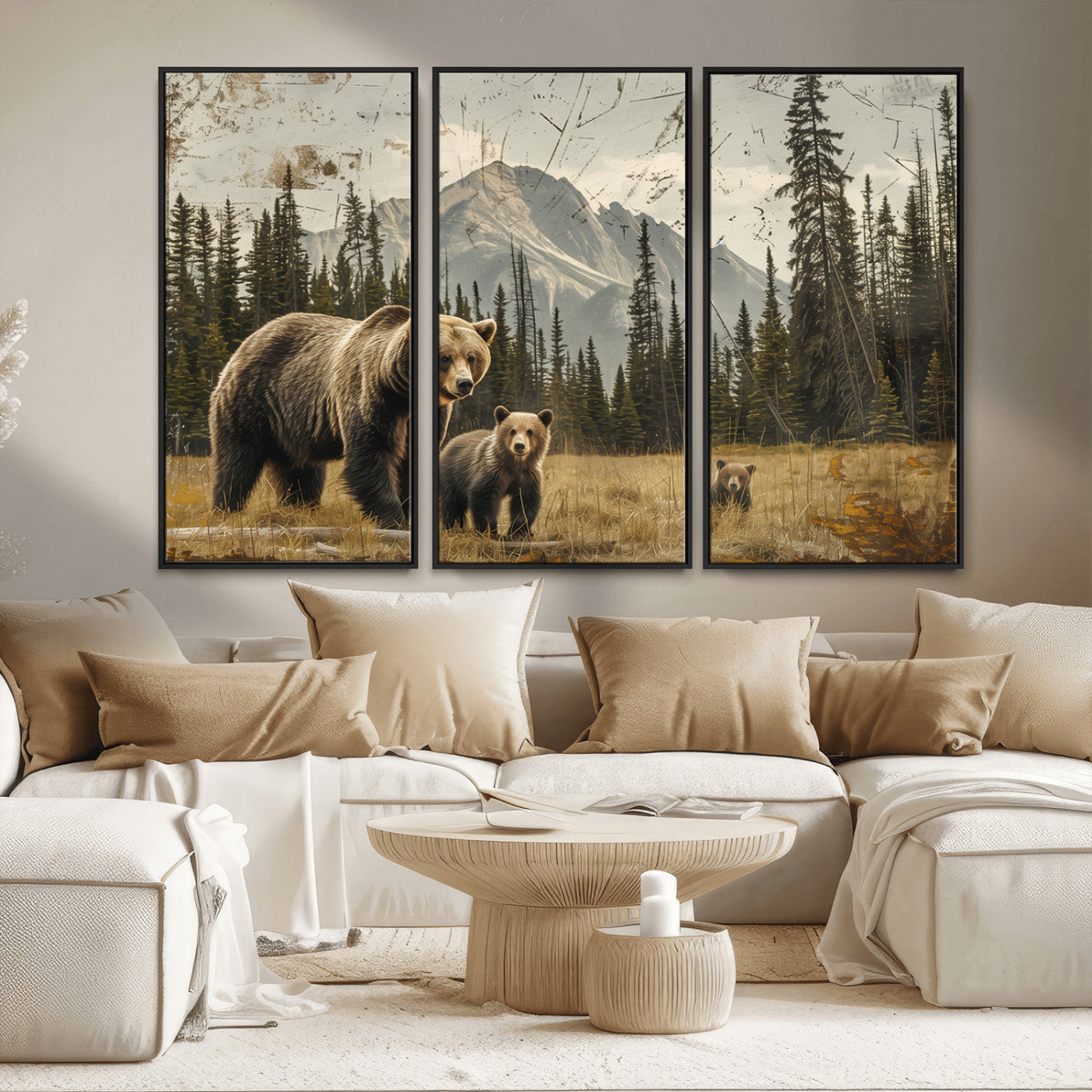 MGV-FC-48X32-3P - Rustic Grizzly 399 Bear Family Wall Art Canvas Print