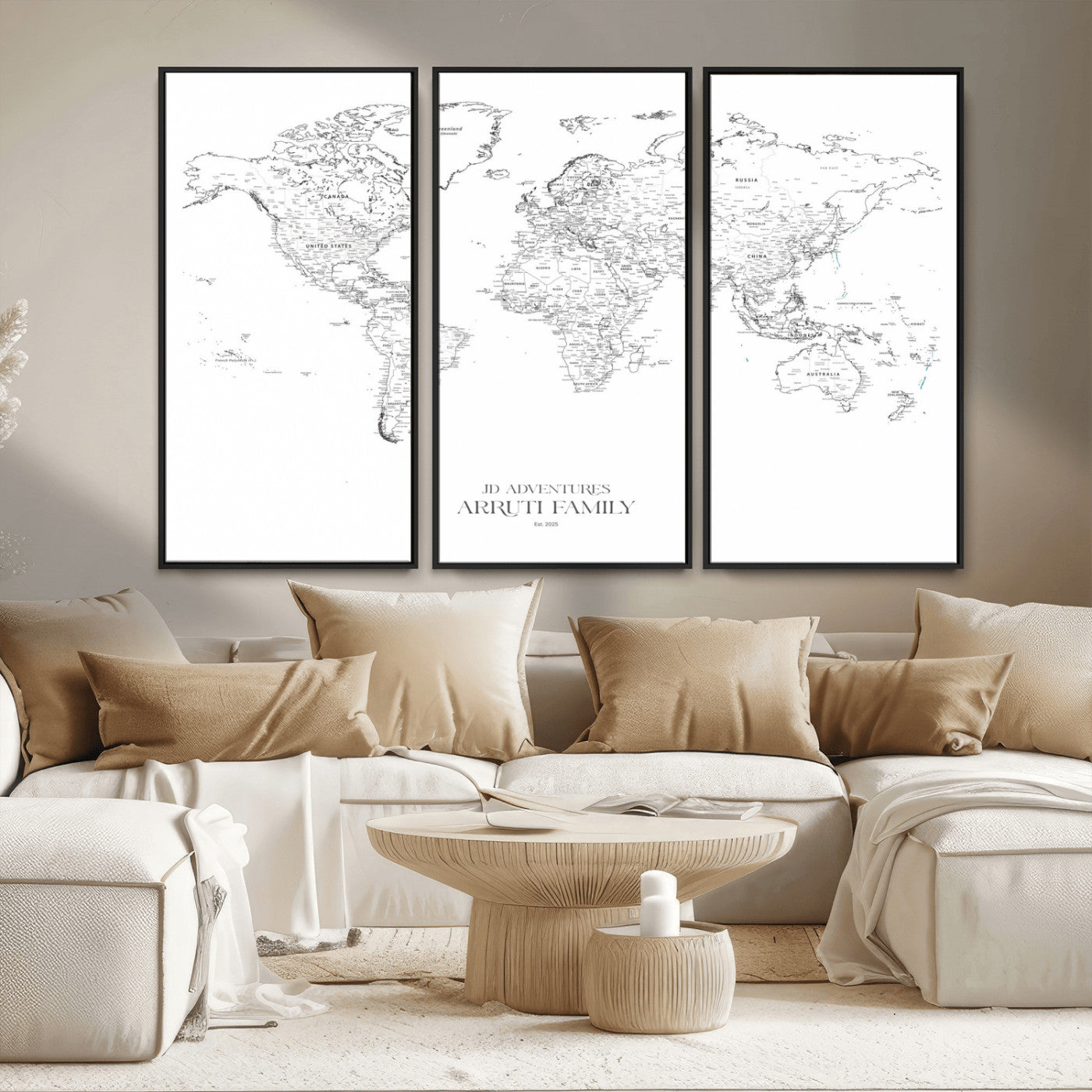 MGV-FC-48X32-3P - Custom World Map Wall Art – Personalized Framed Canvas Print with Push Pins for Travel Tracking,