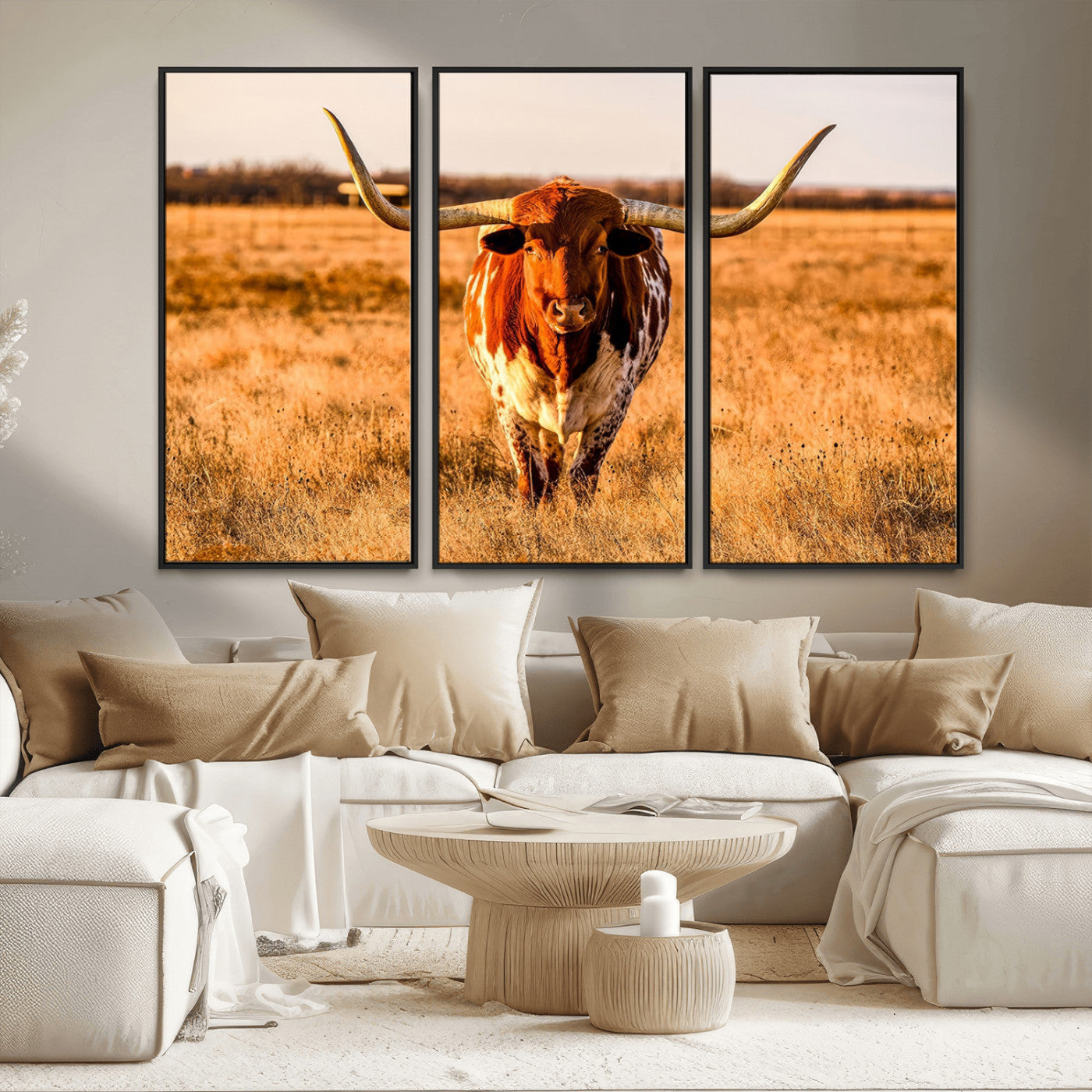 MGV-FC-48X32-3P - Longhorn Cow Wall Art | Ready to Hang Framed Canvas Print for Farmhouse and Barn Decor