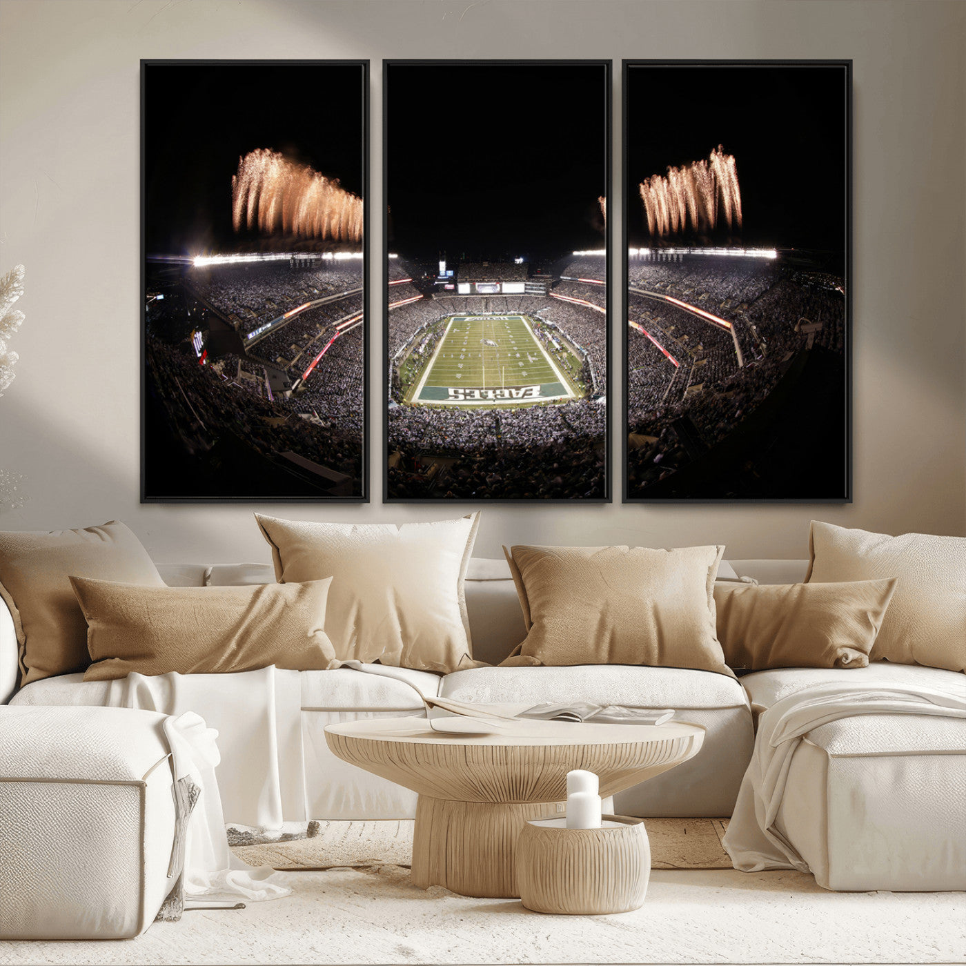 48893-MGV-FC-48X32-3P_Black-Eagles Field Stadium Wall Art - Lincoln Financial Field Fireworks Game Triple Canvas Wall Art -