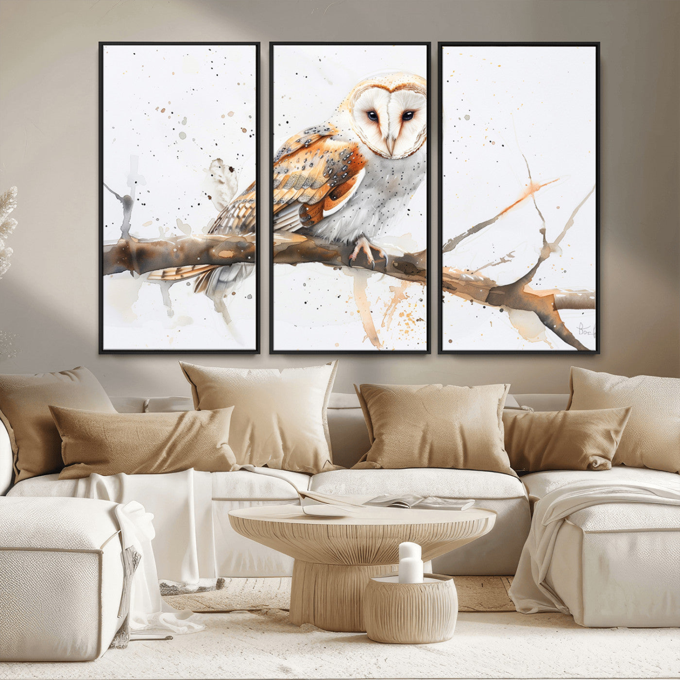MGV-FC-48X32-3P - Barn Owl Wall Art on Branch | Stunning Canvas Print for Nature Lovers | Ready to Hang and Framed
