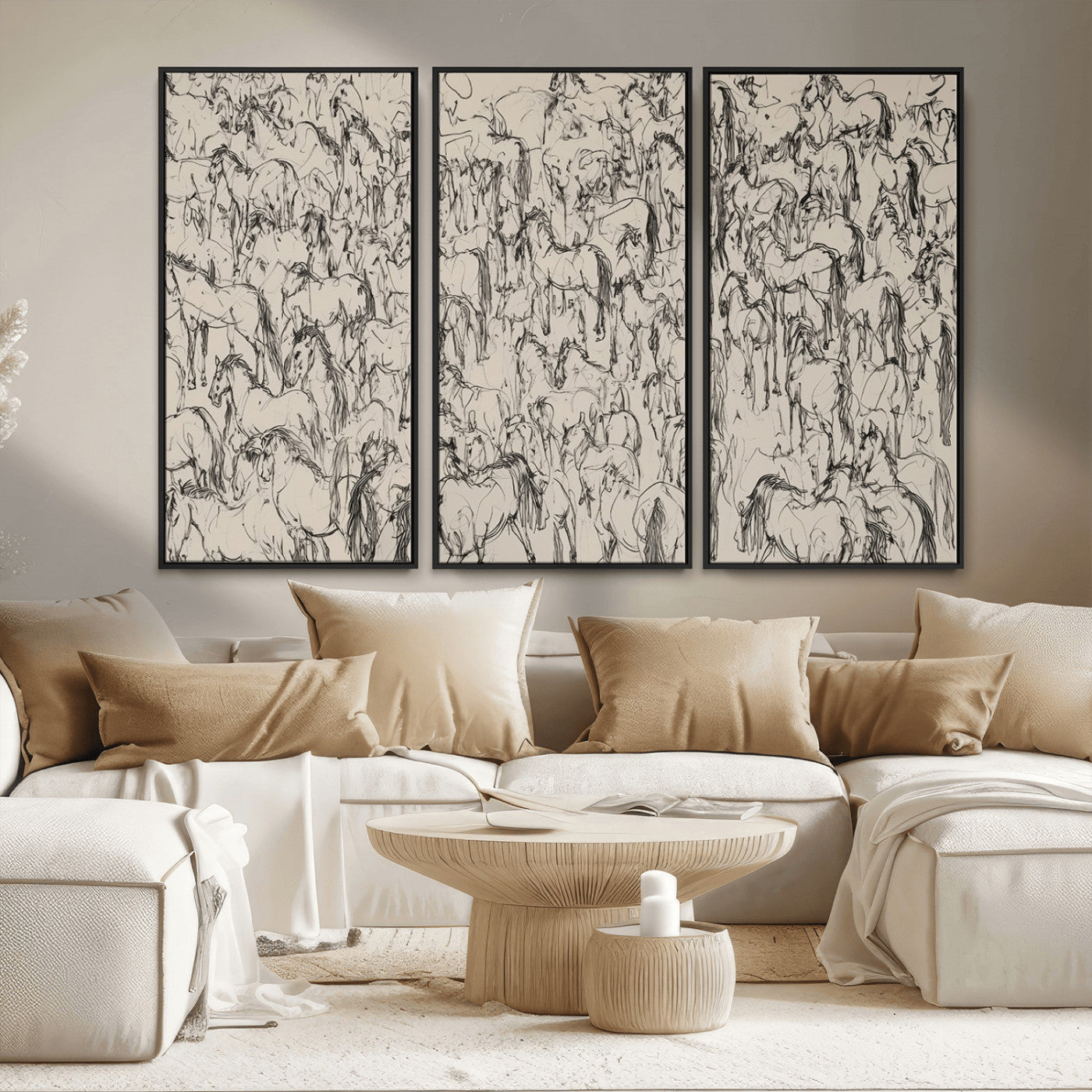 MGV-FC-48X32-3P - Abstract Horse Sketch Wall Art | Ready to Hang and Framed | Farmhouse Wall Decor for Living Room or
