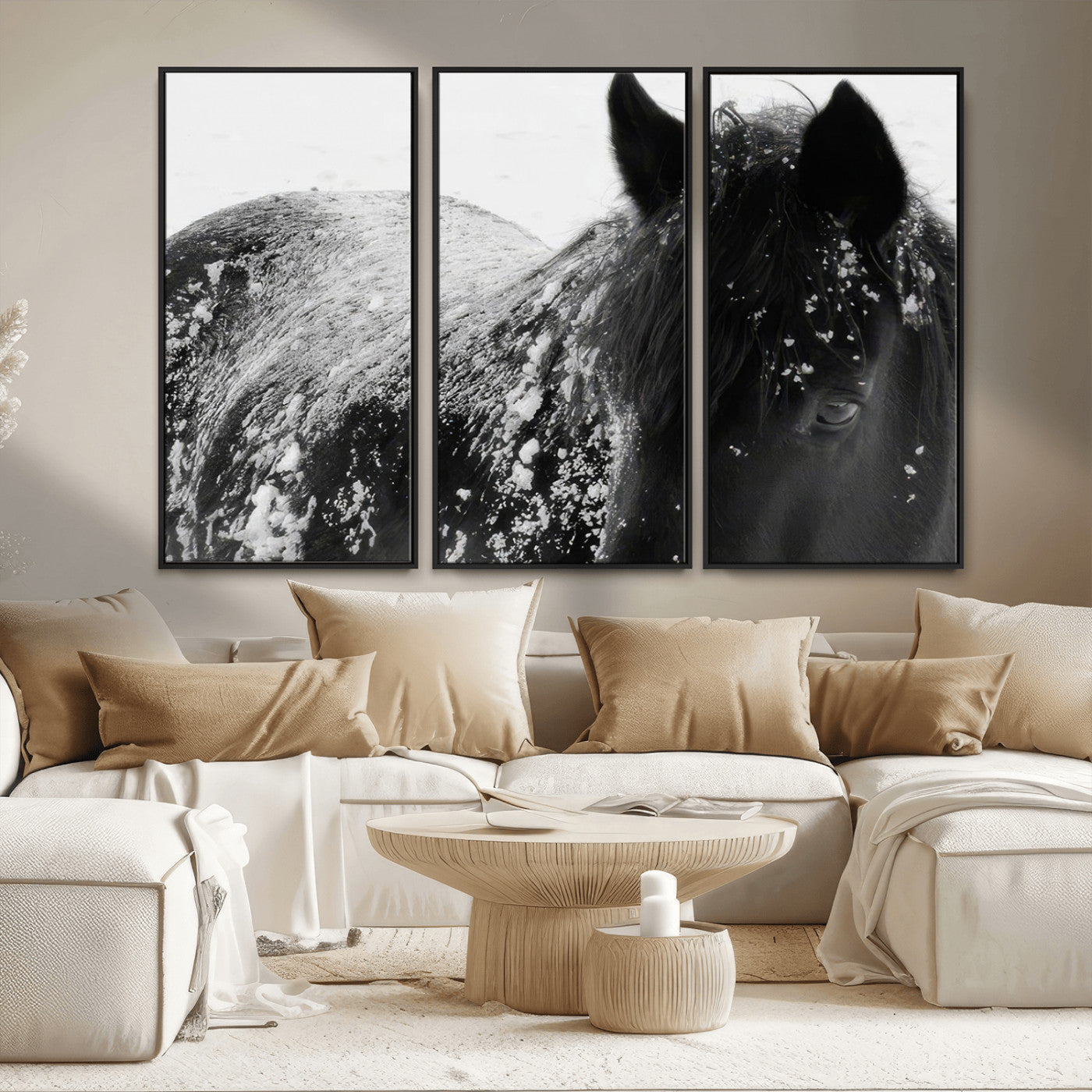 MGV-FC-48X32-3P - Black Horse in Snow Canvas Print | Winter Horse Wall Art | Ready to Hang and Framed | Farmhouse Wall
