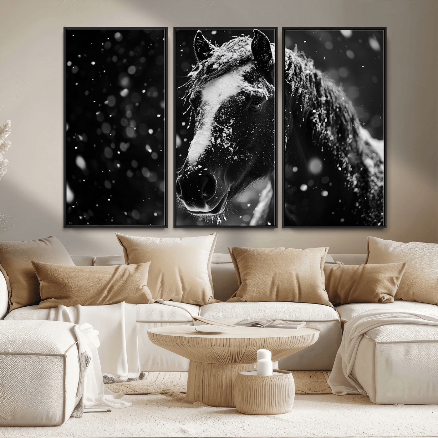 MGV-FC-48X32-3P - Winter Horse Wall Art | Black and White Horse Print | Ready to Hang and Framed | Farmhouse Wall Art