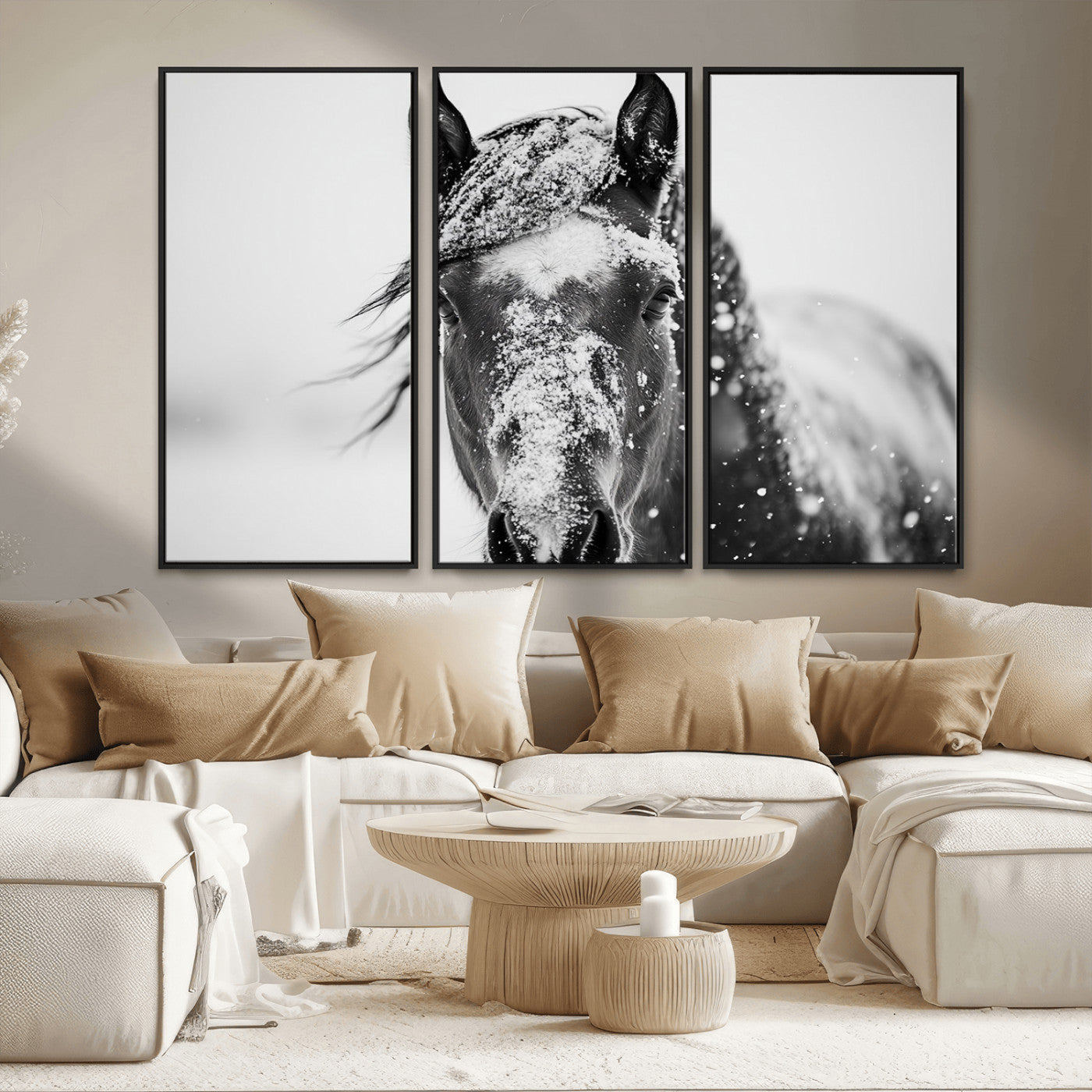 MGV-FC-48X32-3P - Western Wall Art | Black and White Winter Horse Wall Art | Ready to Hang and Framed | Farmhouse and