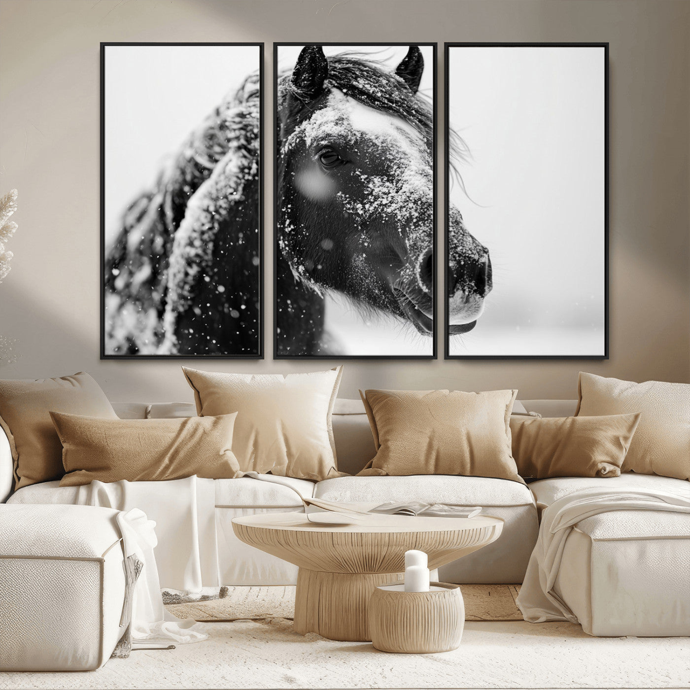 MGV-FC-48X32-3P - Winter Horse Canvas Print | Large 3-Panel Black White Equine Photography for Rustic Farmhouse Wall