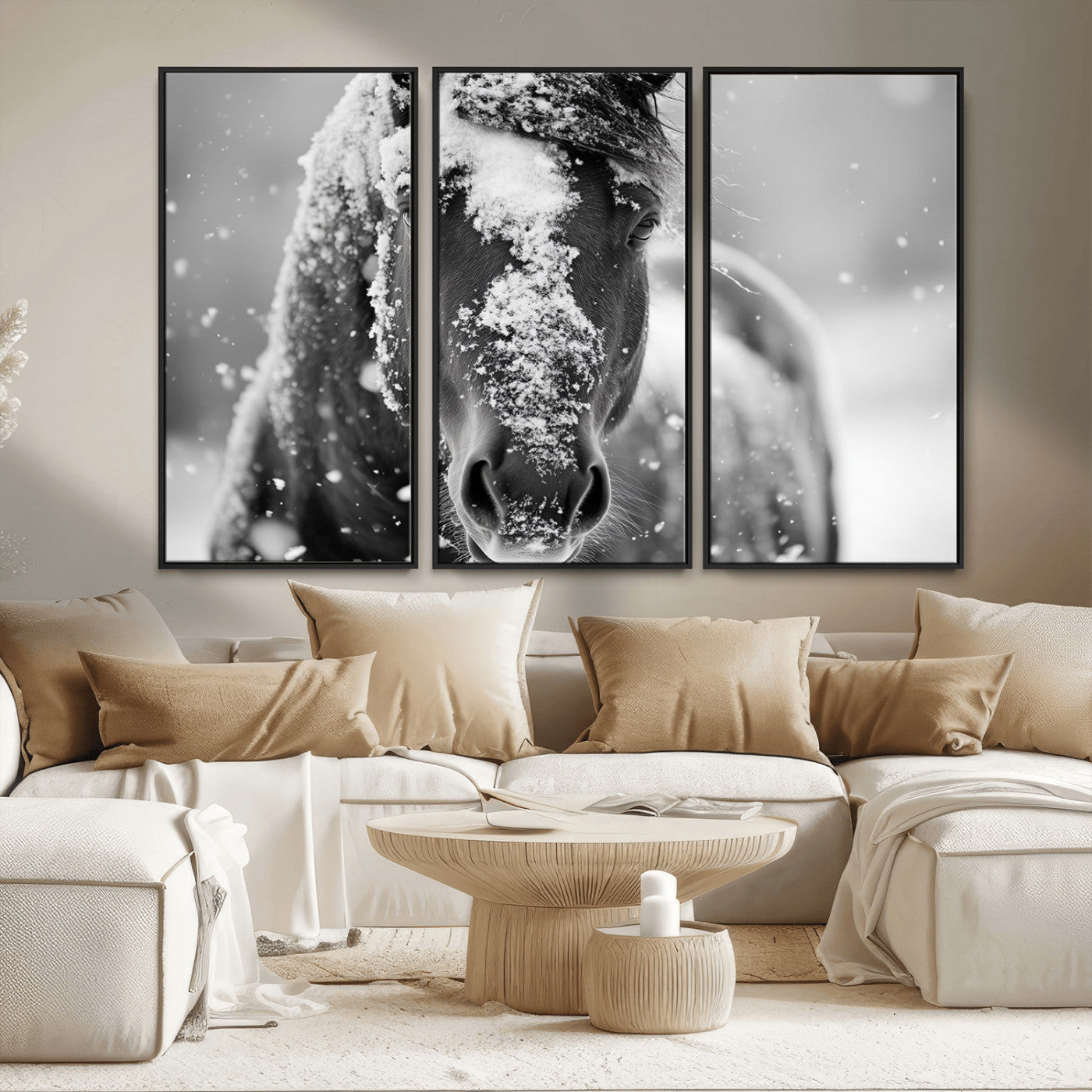 MGV-FC-48X32-3P - Black and White Horse Winter Wall Art | Ready to Hang and Framed | Farmhouse Wall Decor | Western
