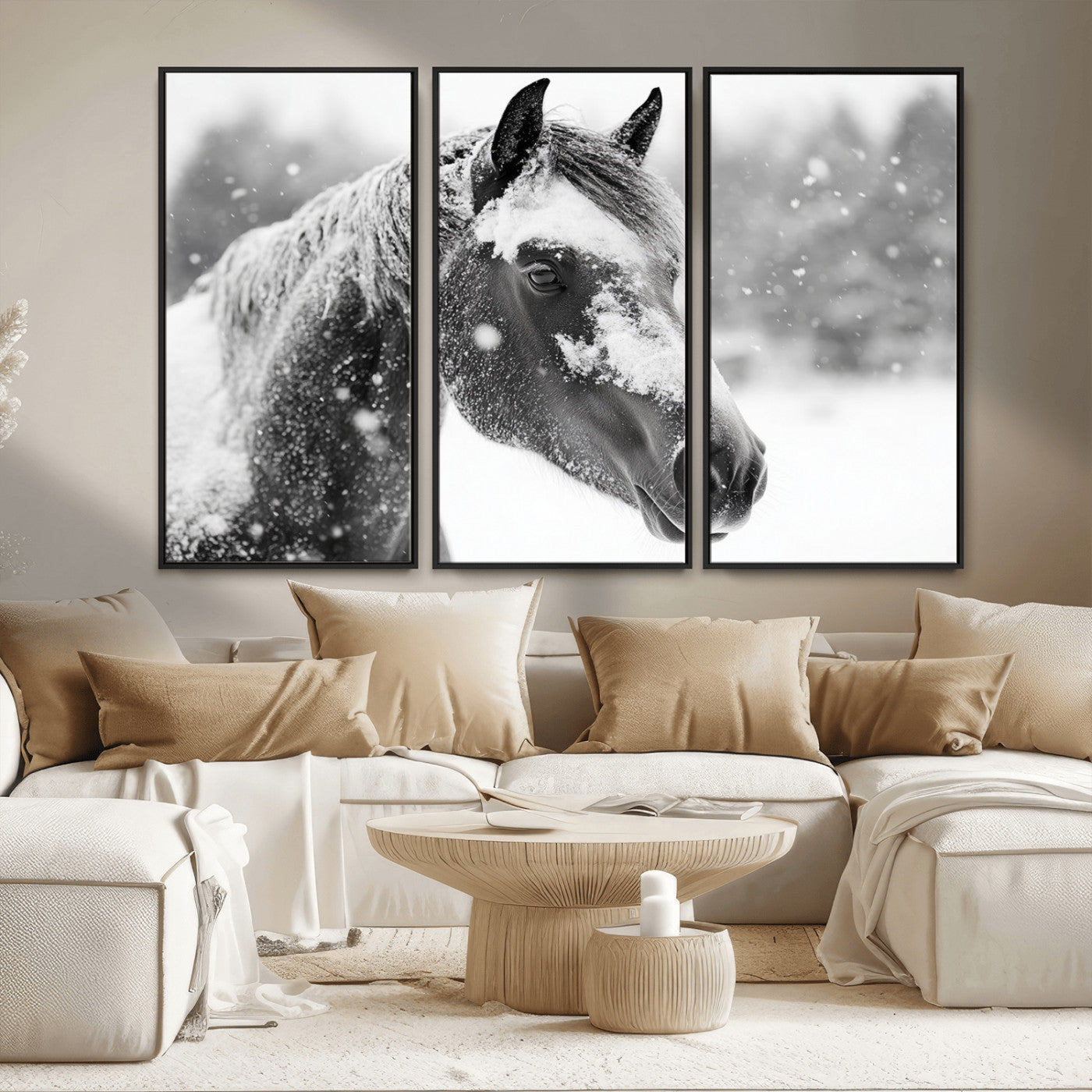 MGV-FC-48X32-3P - Black Horse Winter Wall Art | Ready to Hang and Framed | Farmhouse and Western Wall Decor for Living
