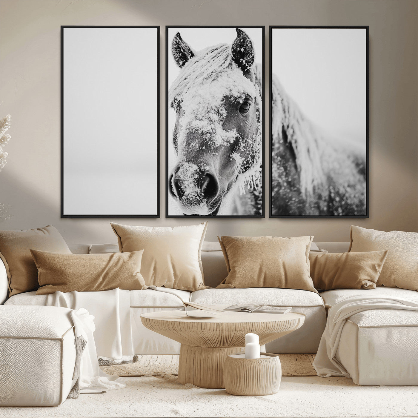 MGV-FC-48X32-3P - White Horse Wall Art | Ready to Hang and Framed | Winter Horse Wall Art Print for Farmhouse and
