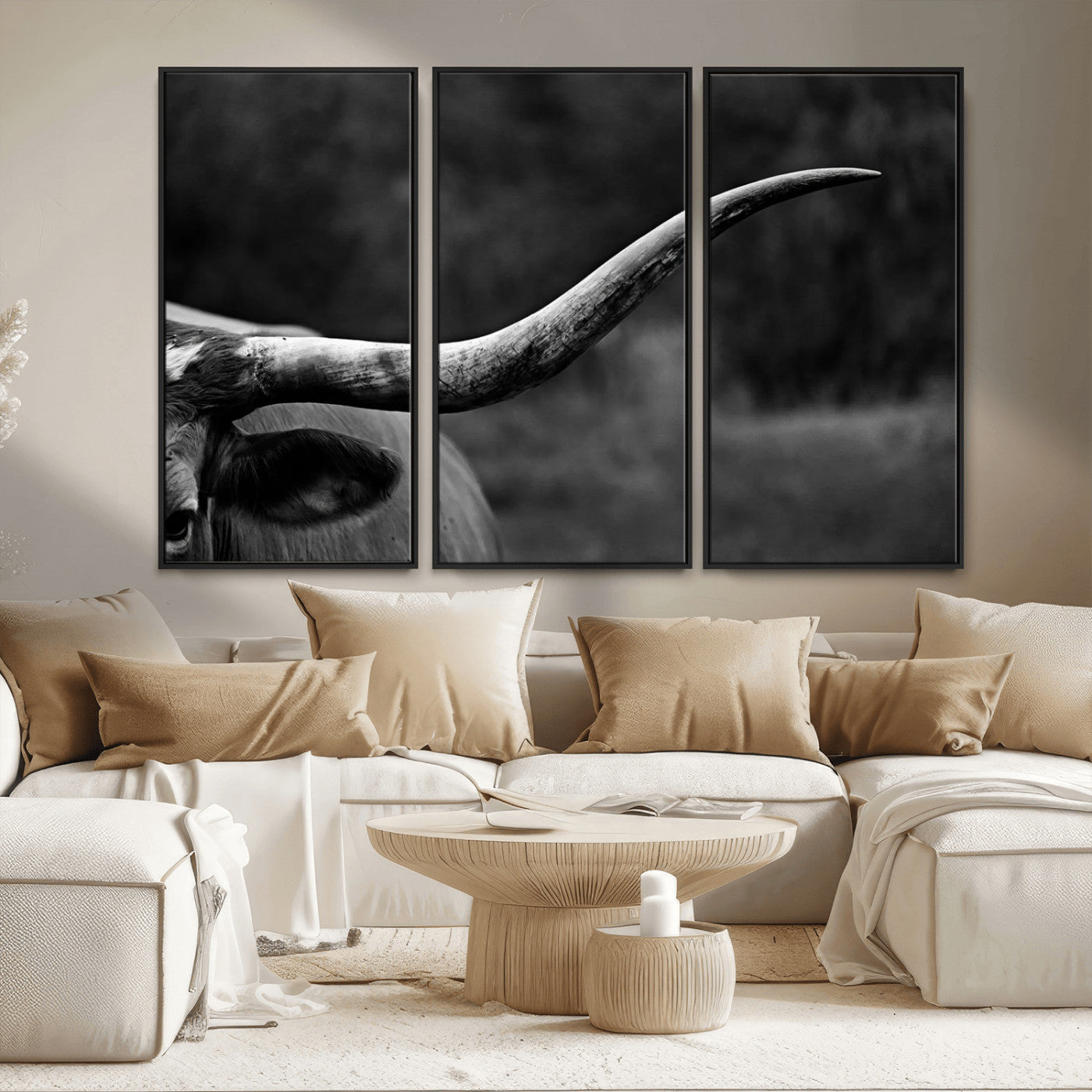 MGV-FC-48X32-3P - Cow Longhorn Wall Art | Black and White Print | Ready to Hang and Framed | Farmhouse Wall Decor |