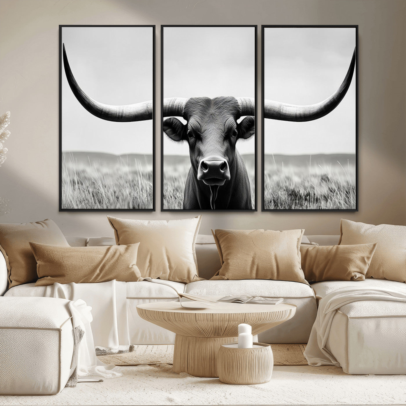 73780-MGV-FC-48X32-3P_Black-Longhorn Bull Canvas Print | Rustic Farmhouse Wall Art | Western Decor | Ready to Hang and Framed