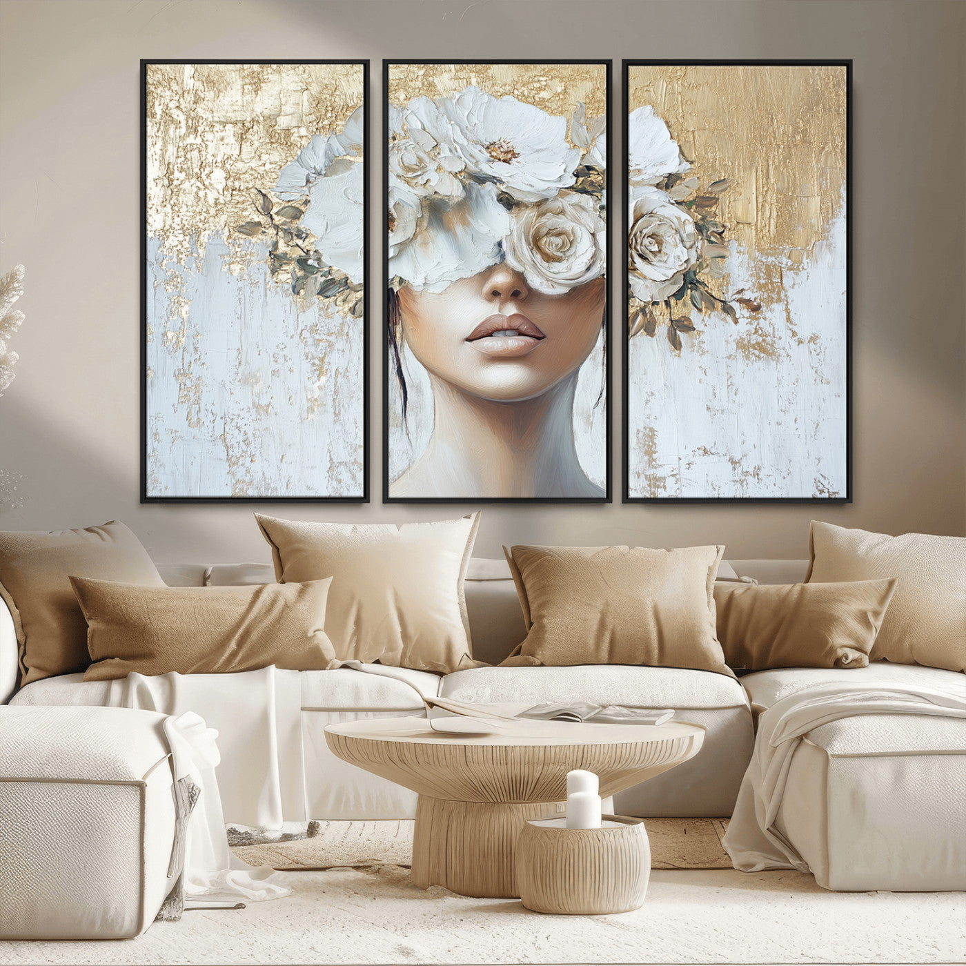 MGV-FC-48X32-3P - Golden Petal Wall Art - Canvas Print Flower Head Woman Painting Floral Woman Portrait Wall Decor,