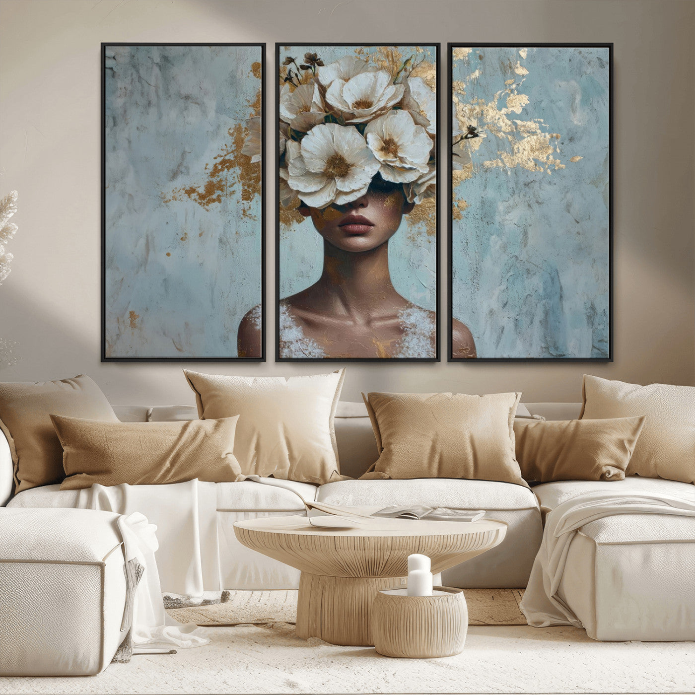 MGV-FC-48X32-3P - Golden Petal Wall Art - Petal Silhouette Woman Wall Art Canvas Print | Large 3-Panel Canvas with