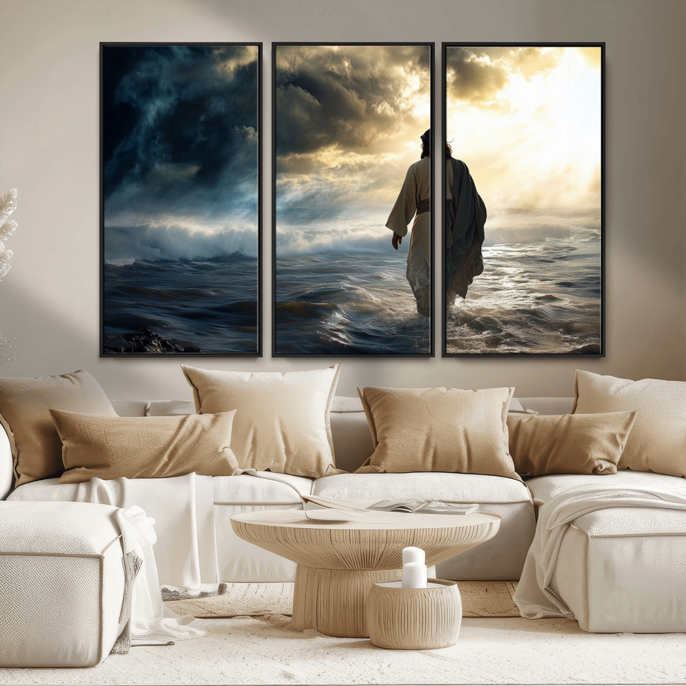 MGV-FC-48X32-3P - Jesus Walking on Water Wall Art | Canvas Print | Ready to Hang | Christian Home Decor | Spiritual