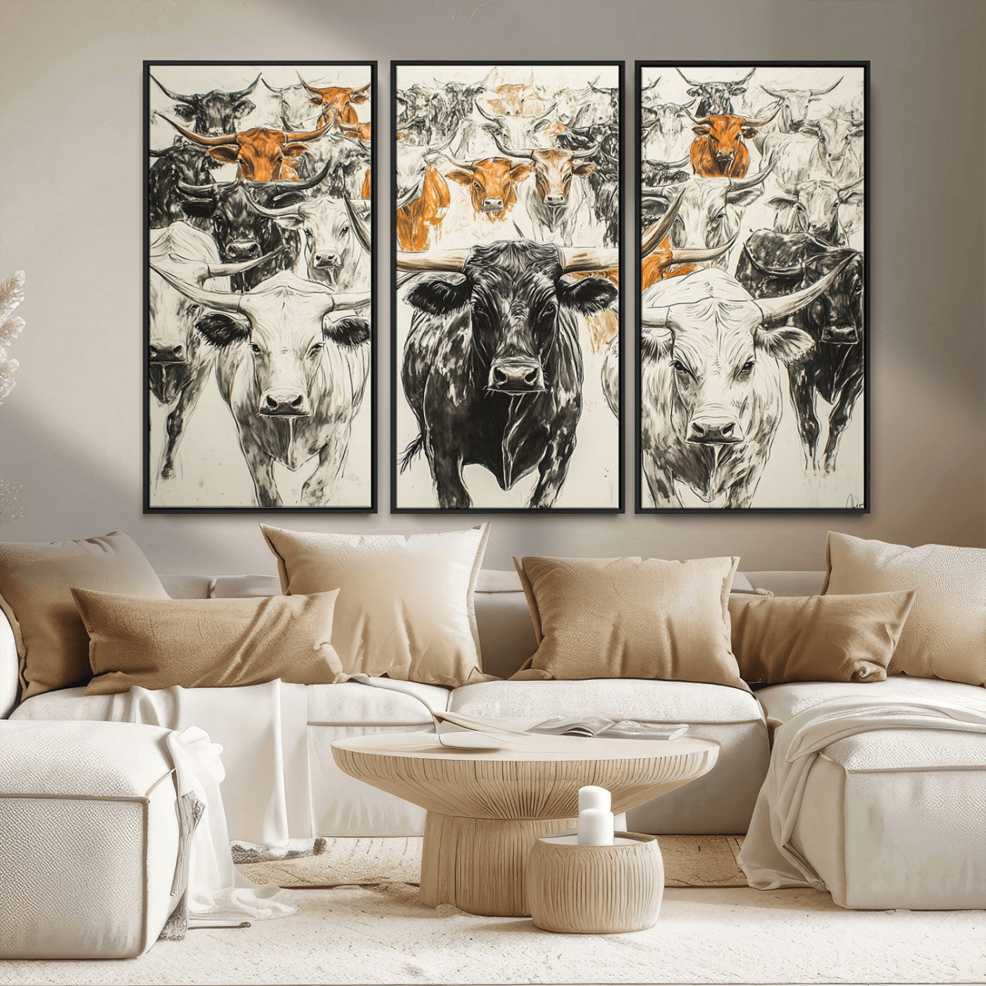 MGV-FC-48X32-3P - Texas Longhorn Wall Art - Herd Canvas Wall Art Print - Abstract Cow Drawing Wall Art Print for