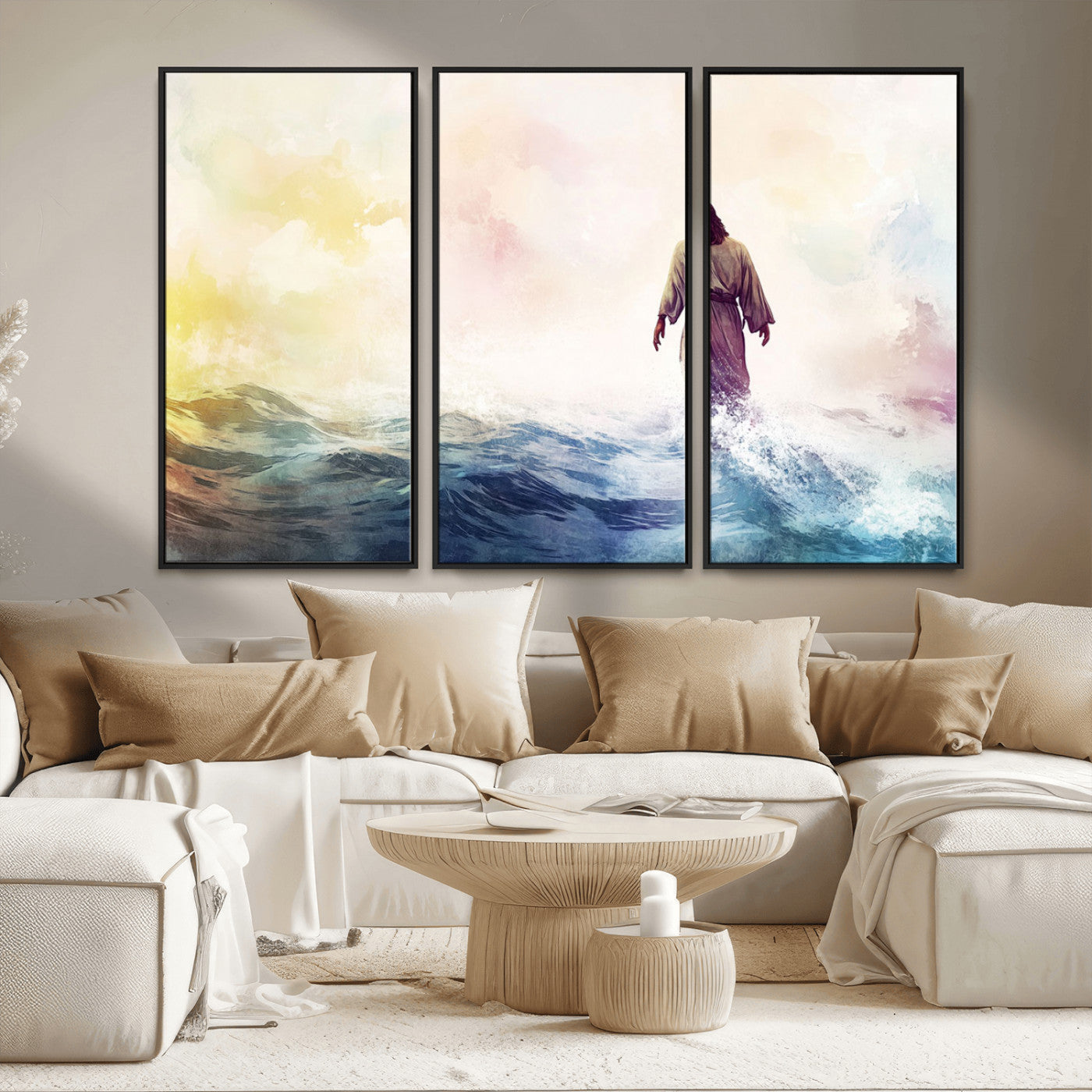 MGV-FC-48X32-3P - Watercolor Jesus Walking on Water Canvas Print, Christian Wall Art, Jesus Christ Walking