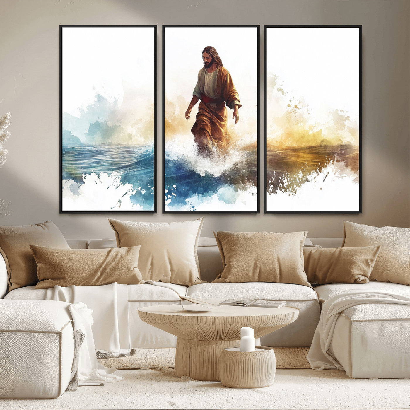 MGV-FC-48X32-3P - Watercolor Jesus Walking Wall Art Print, Jesus Water Canvas Print, Christian Wall Art, Jesus Christ